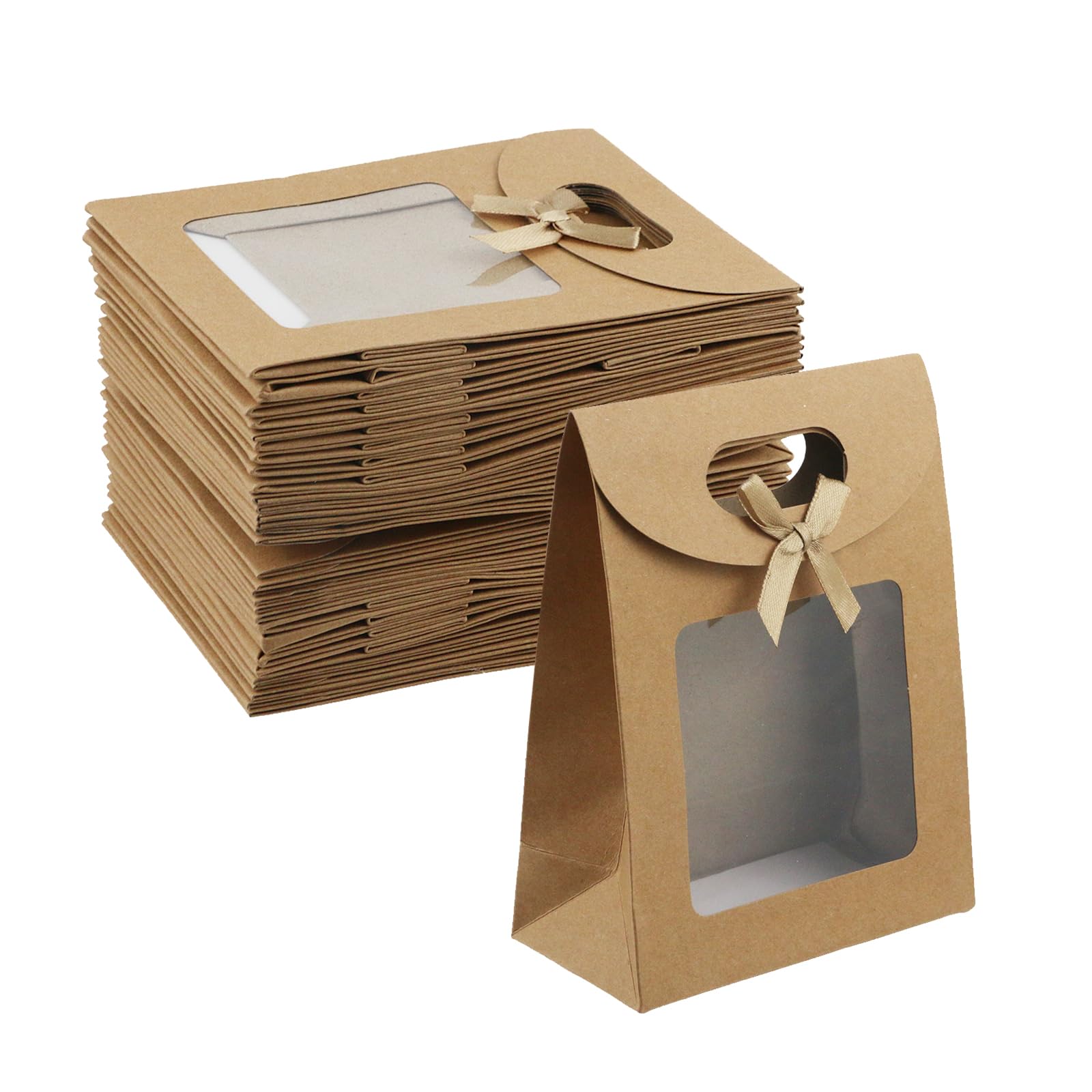 Nicerity 30Pcs Small Kraft Paper Present Bags with Transparent Window 4.7"x2.4"x6.3" Stand Up Gifts Bag With Handles for Festivals Party Present
