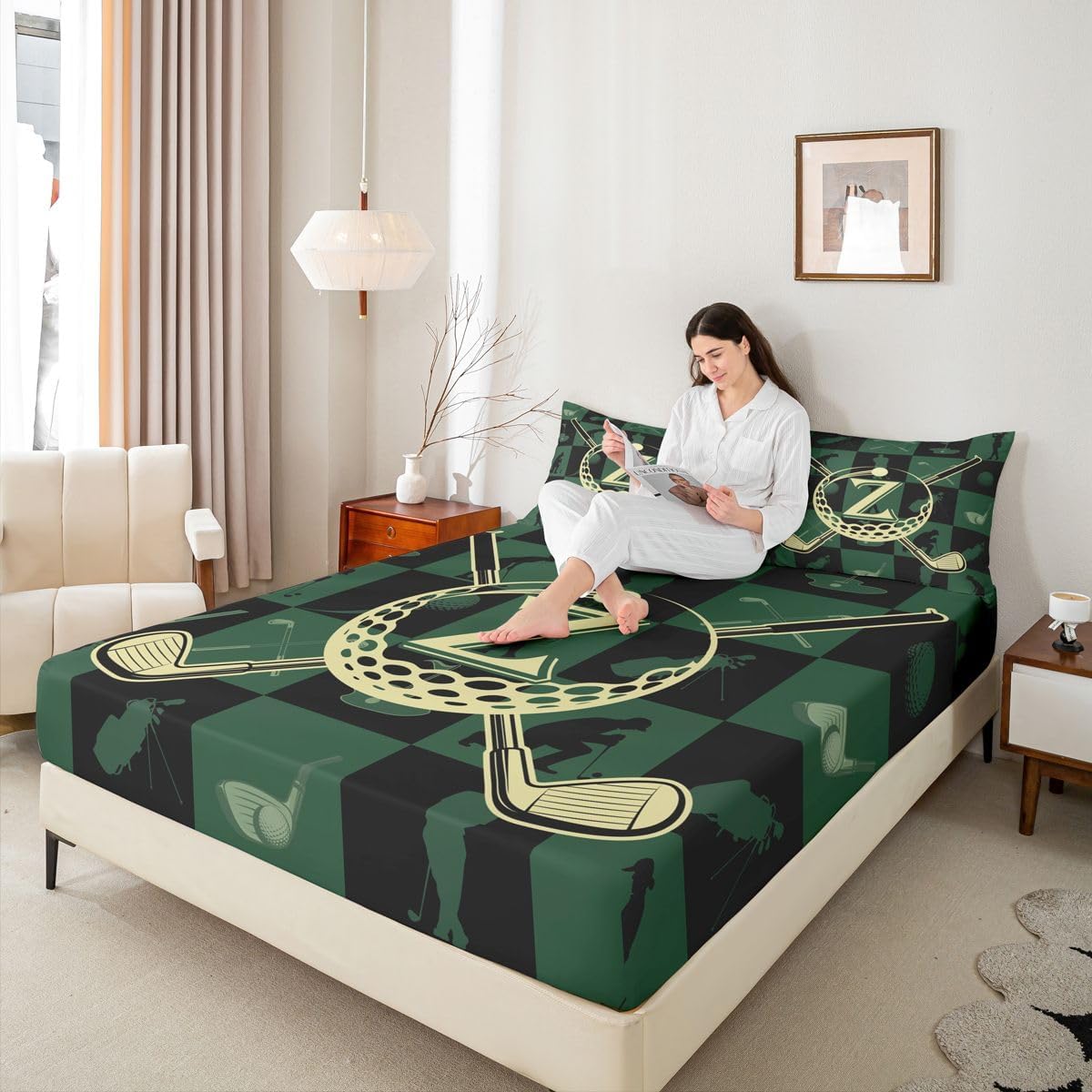 Erosebridal Golf Alphabet Letter Bed Sheets Full Ball Sports Lover Style Fitted Sheet Modern Personalized Initial Z Bedding Set,Monogrammed Golf Plaid Bed Cover 3 Pcs