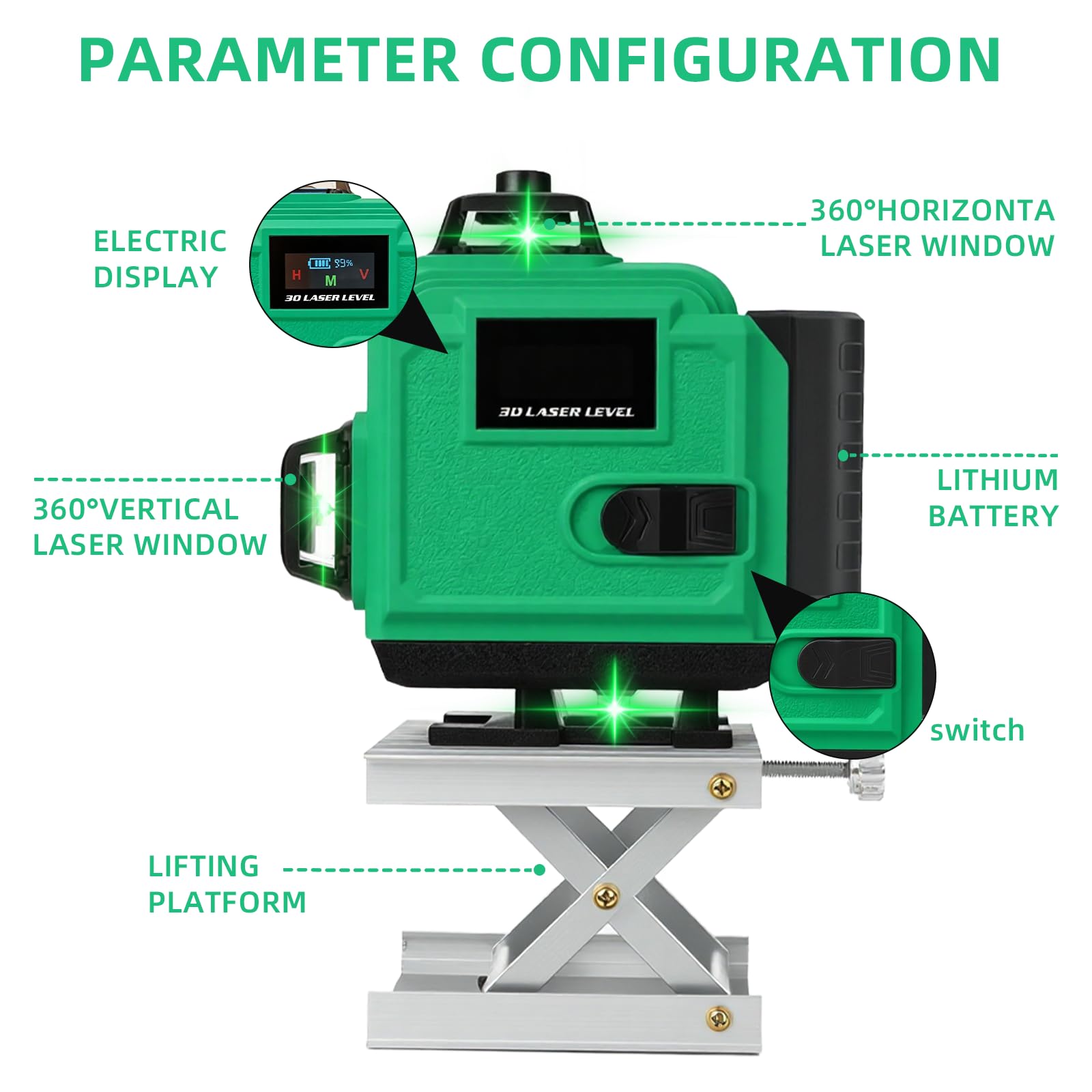 Kreuzlinienlaser mit Stativ, Multifunktionaler 4D-Laser mit 16 Linien,laser wasserwaage mit stativ, USB-wiederaufladbares Lithium-Batterie-Nivelliergerät mit,2 * 2400 mAh Batterien Green