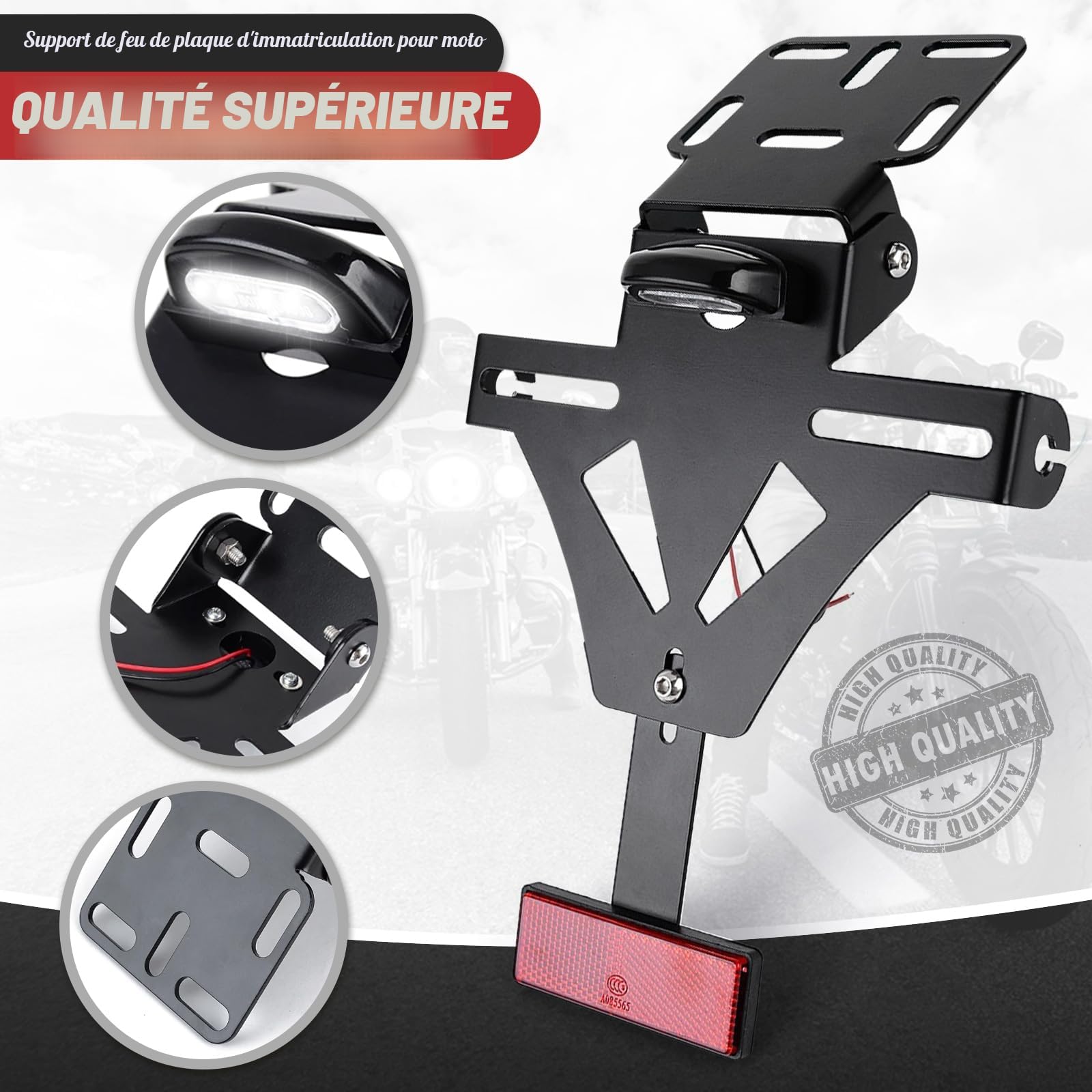 Support de Plaque d'immatriculation pour Moto, Angle réglable pour Moto, Porte-Plaque de numéro de Moto avec éclairage de Plaque, Support Universel De Clignotant pour Feu Arrière De Moto