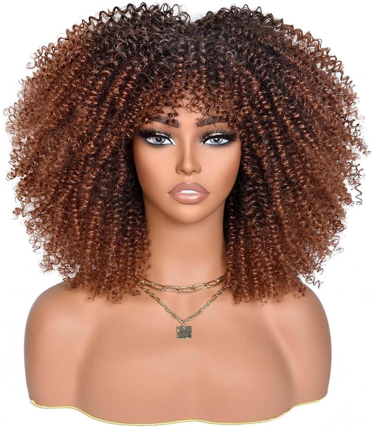Ombre Brown Afro Curly Wig with Bangs 14 Inch Short Synthetic Afro Wig Black Kinky Curly Wigs for Women Shake and Go Wigs for Daily And Party Use