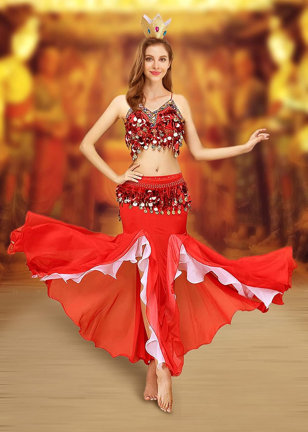 Belly Dance Costume Set for Women Belly Dance Crop Top Bra and Hip Scarf Slit Dance Skirt Halloween Outfit