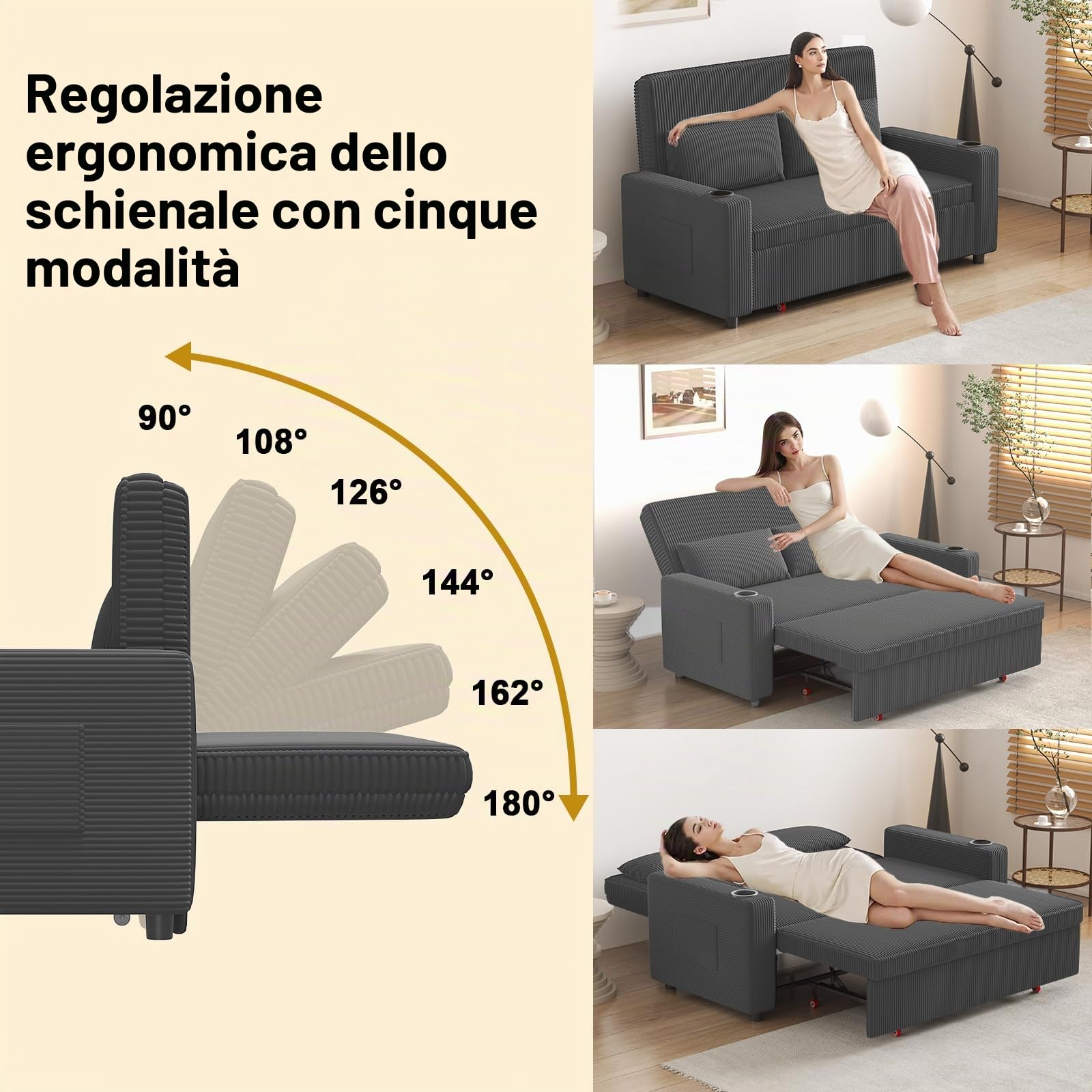 Devoko Divano Letto 2 Posti in Velluto Divano Matrimoniale Prontoletto Estraibile con Schienale Regolabile in 5 Posizioni per Soggiorno, Camera da Letto o Ufficio, 75P x 160L x 93H cm, Grigio