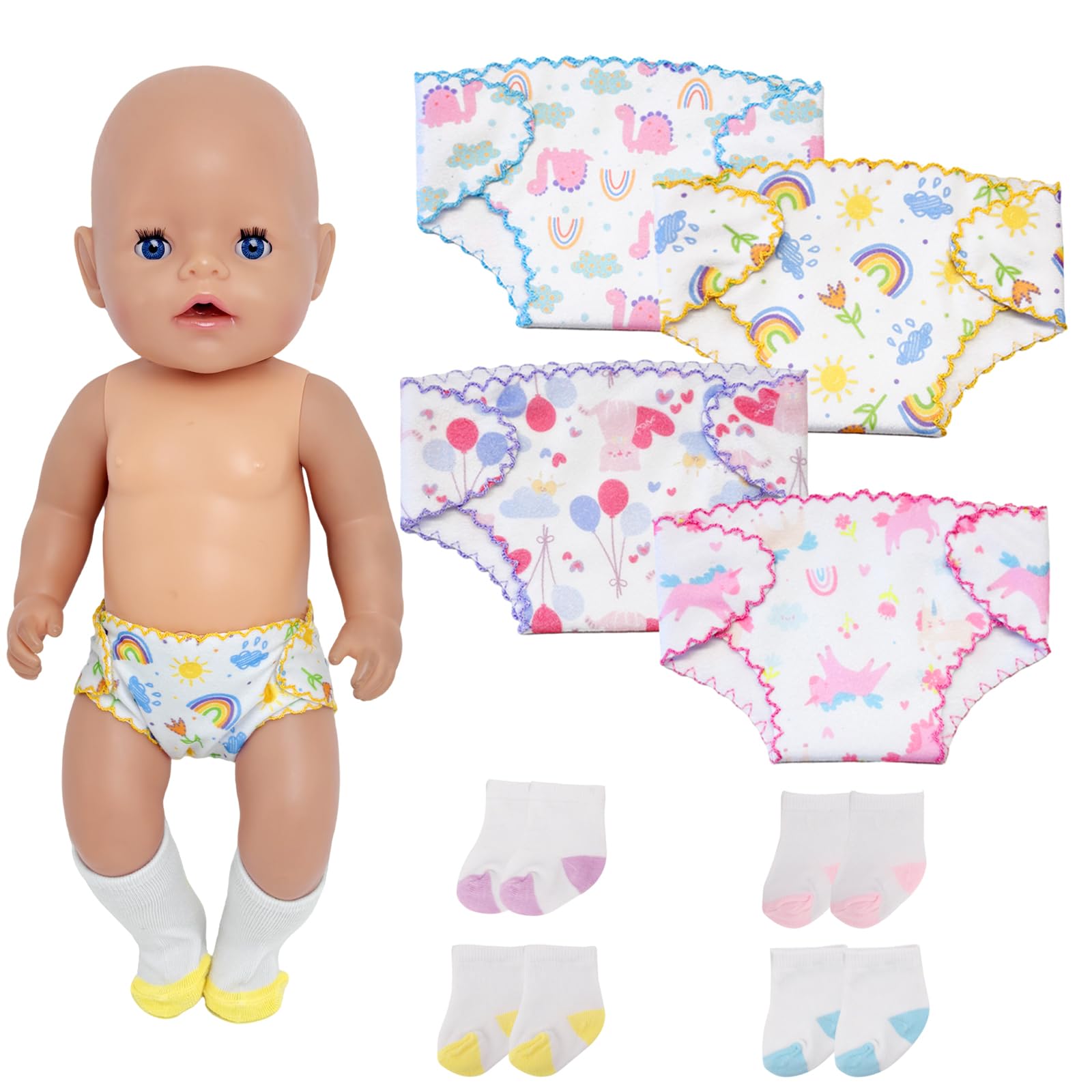 4 PCS Doll Nappies & 4 Doll Socks for 14-18 Inch Baby Doll, Baby Doll Accessories for 35-45 CM Dolls