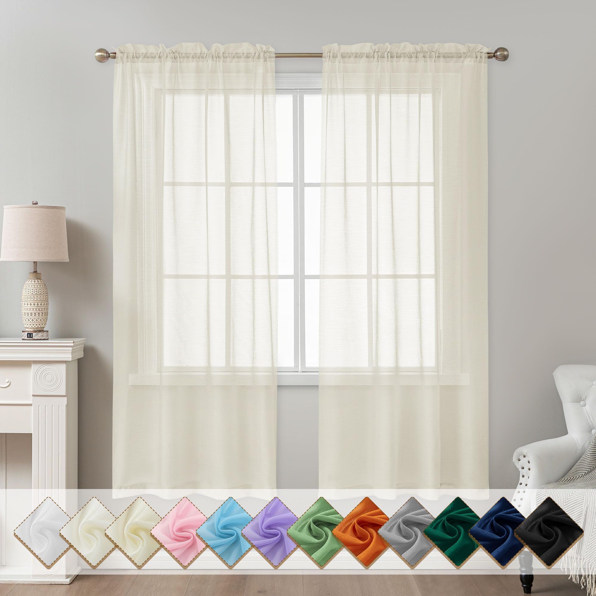 ABLUEN Natural Sheer Curtains 72 Inches Long, Privacy Semi Sheer Curtains for Living Room Bedroom, Light Filtering Rod Pocket Voile Window Drapes 2