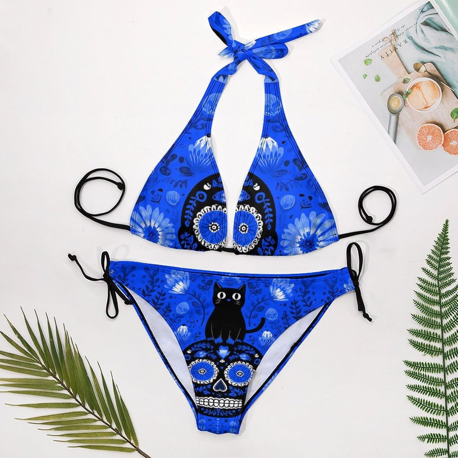Cats on Sugar Skull Novelty Women's 2 Piece String Bikini Set Swimsuits Bathing Suit Swimwear