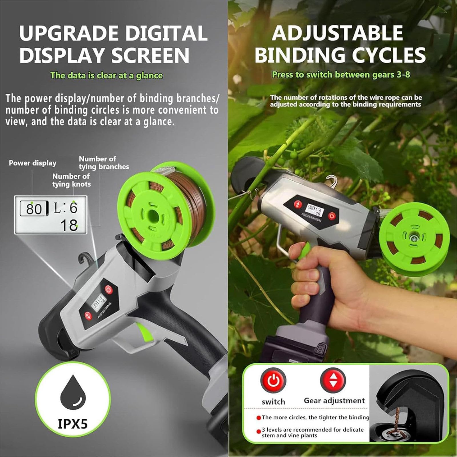Atadora eléctrica para Plantas, atadora para viñedos, Pantalla Digital, diámetro de Atado de 25 mm, Juego de atadora de Ramas Comercial para Uvas, Tomates y Verduras