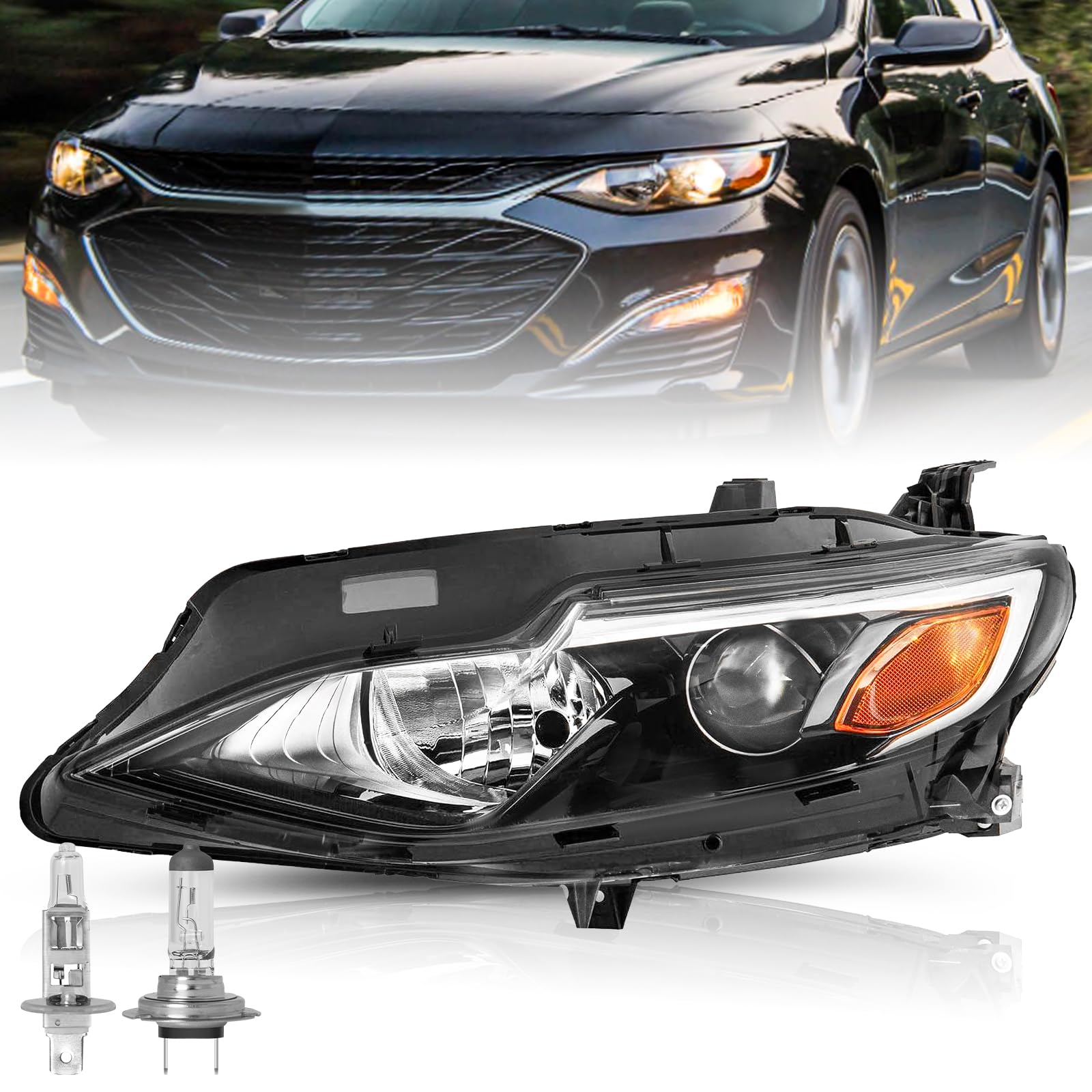TUSDAR Halogen Headlights Assembly Fit 2019 2020 2021 2022 2023 2024 Chevy Malibu Headlamps Replacement LH Driver Side (w/Bulbs)
