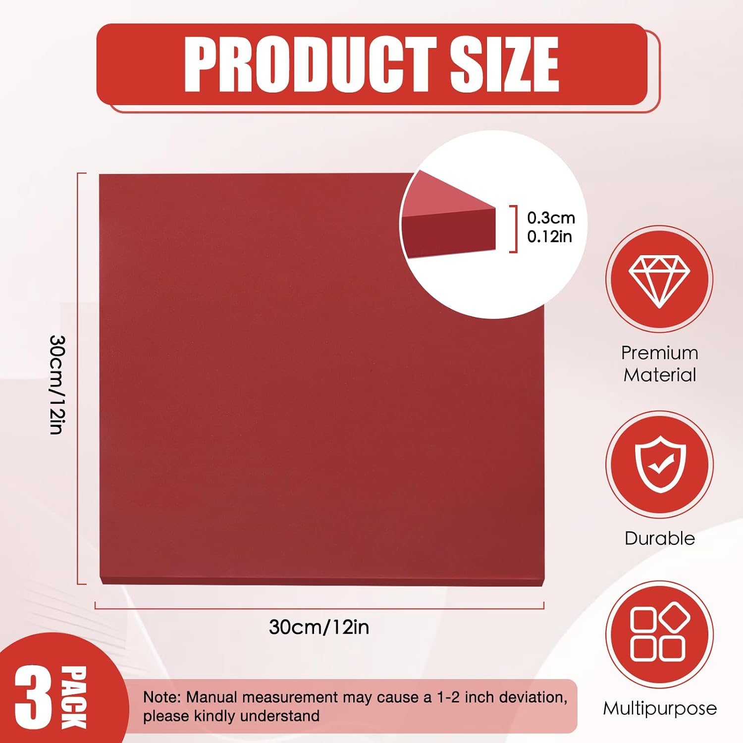 3 PCS Silicone Rubber Sheet 11.5''x11.5''x1/12'' - Heat Resistant Flexible Insulation Gasket, 60A Smooth Finish High Temperature Resistant Silicone Mat for DIY Crafts, Seals & Protective Pads (Red)