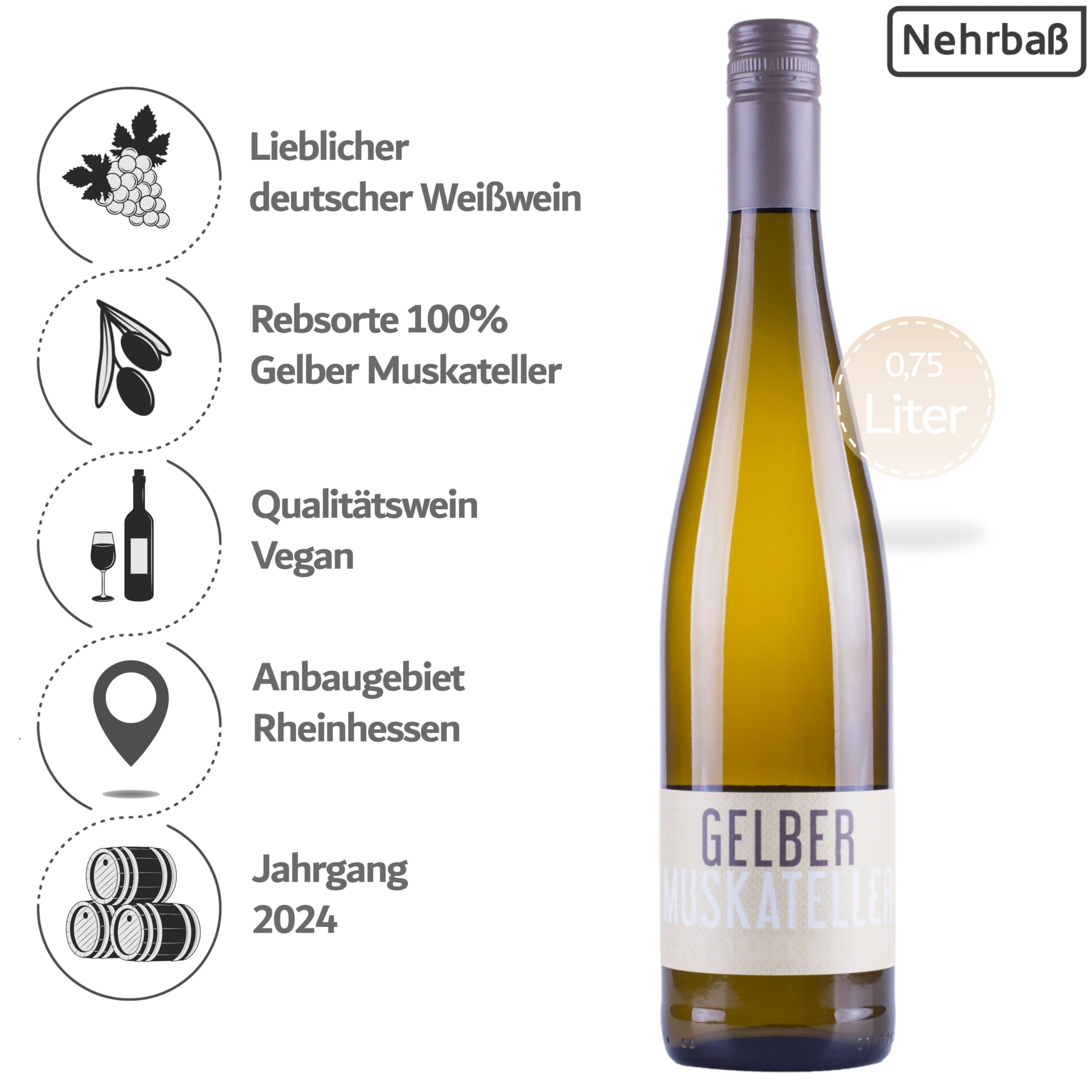 Nehrbaß - “Gelber Muskateller 2024” - Weißwein lieblich 6 x á 0,75 Liter - Vegan - Aus Deutschland (Rheinhessen) - mit Schraubverschluss - Qualitätswein