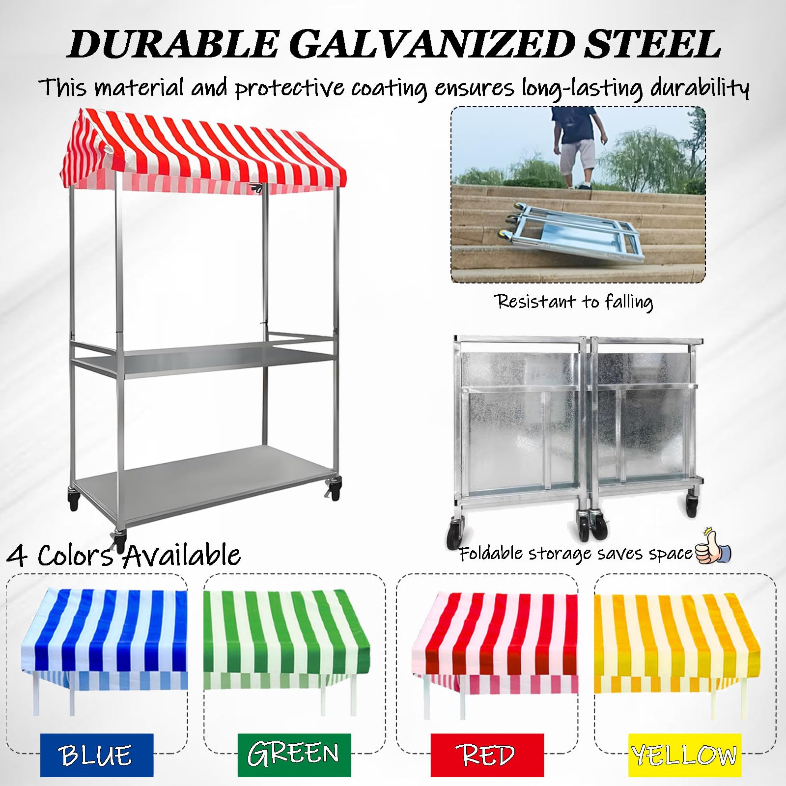 Carrello portavivande portatile a 2 ripiani con ruote bloccabili e tettoia, supporto pieghevole per venditori ambulanti, rosso, 60 x 120 cm, ideale per eventi all'aperto e catering