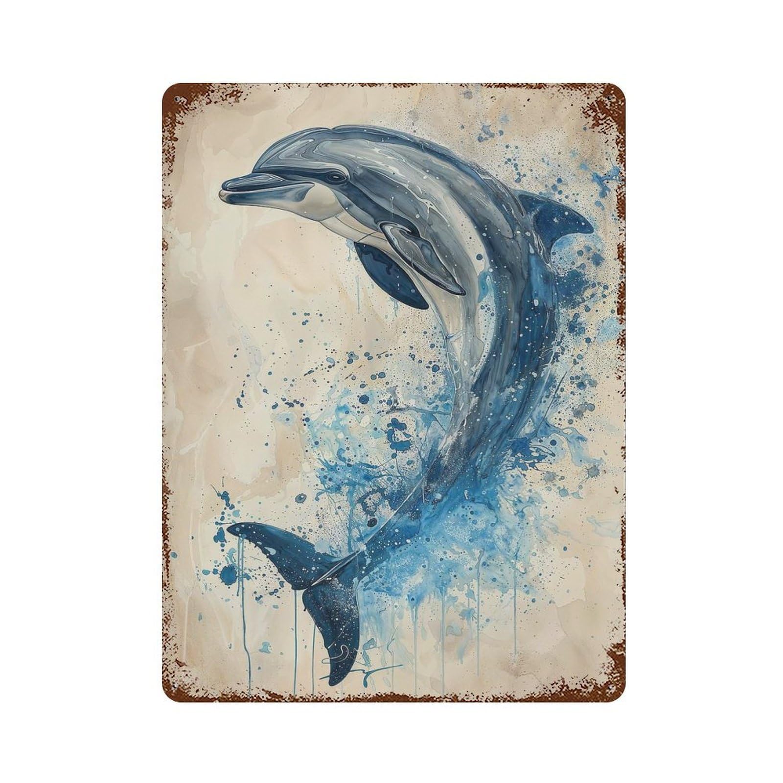 Leap of The Dolphin 15.7"x11.8" Rust Effect Tin Sign, Rustic Home Decor for Office, Studio And Wall Decor