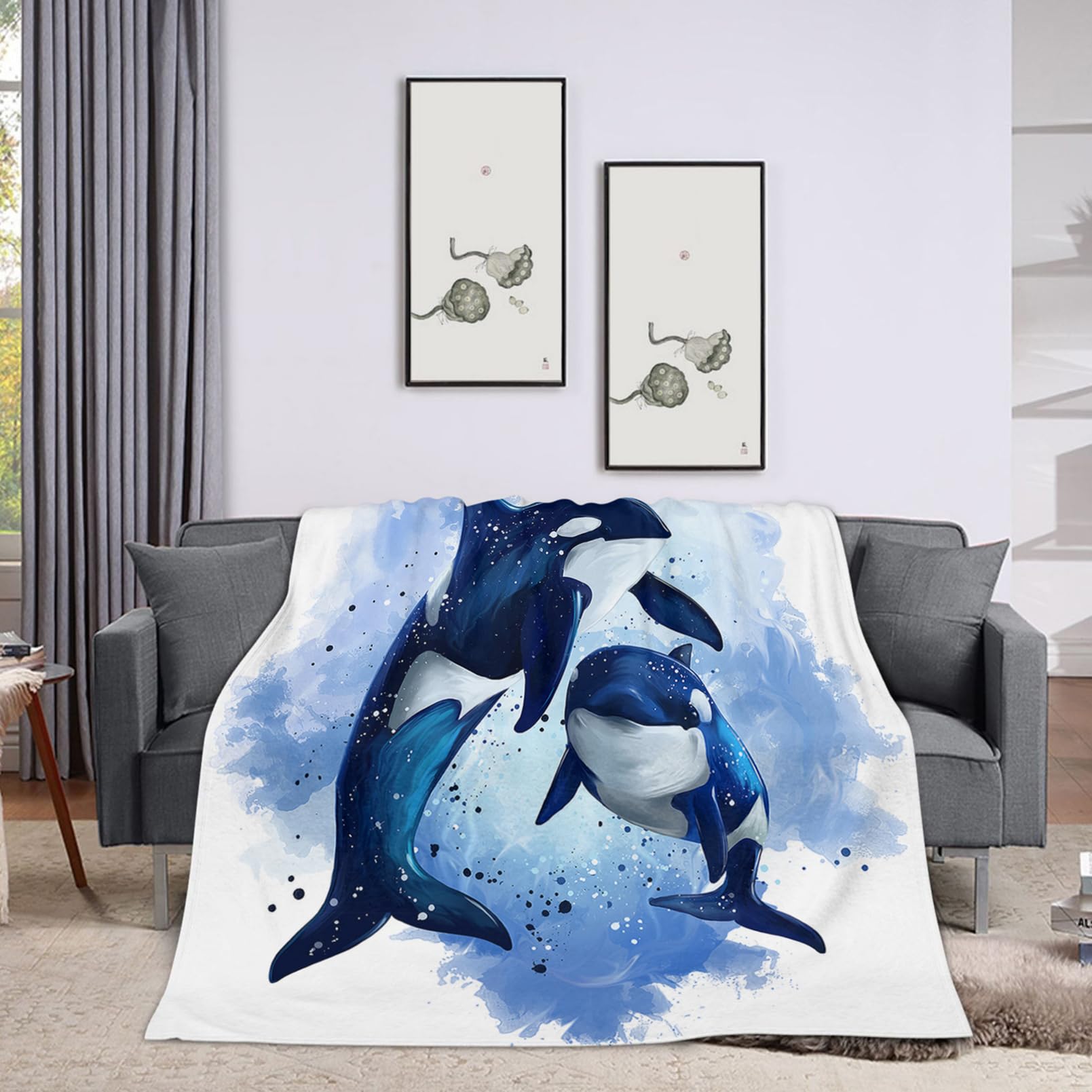Throw Blanket 60x80 Inch,Ocean Blue Killer Whale Cozy Soft Lightweight Fuzzy Flannel Blanket 80x60 Inch Suitable for Couch Bed Sofa Living Room in All Seasons