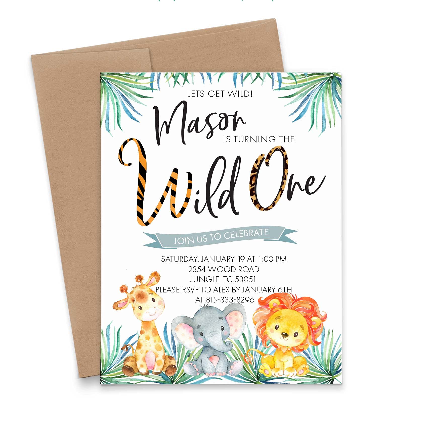 Safari Birthday Invitations for Kids, Jungle Birthday Invitations for Boys, Your choice of Quantity, Age, Info and Envelope Color
