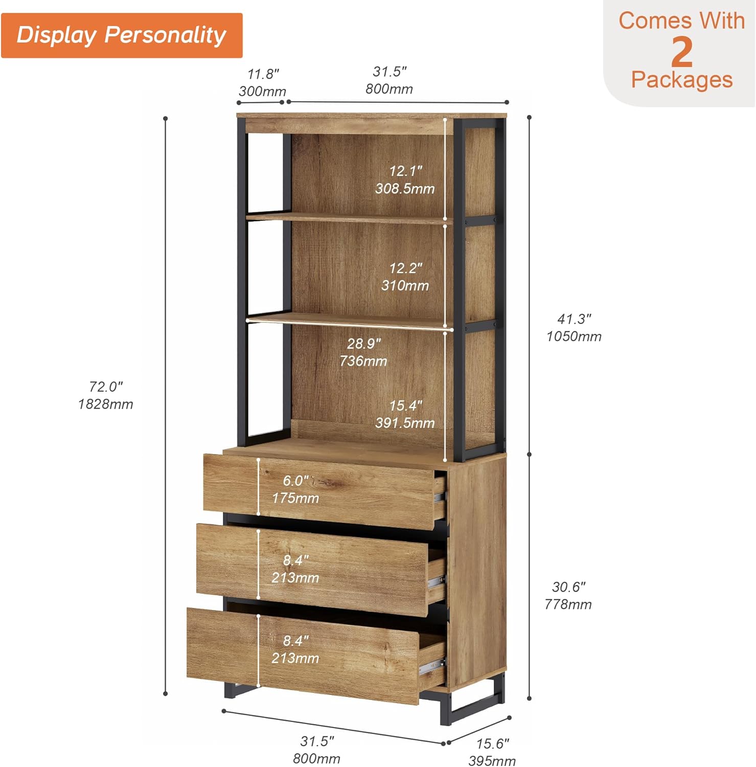 WAMPAT Modern 72" Tall Bookshelf with 3 Drawers and Open Book Shelves, Library Bookcase with Storage Cabinet, Wood Freestanding Book Shelf for Home Office, Living Room, Oak