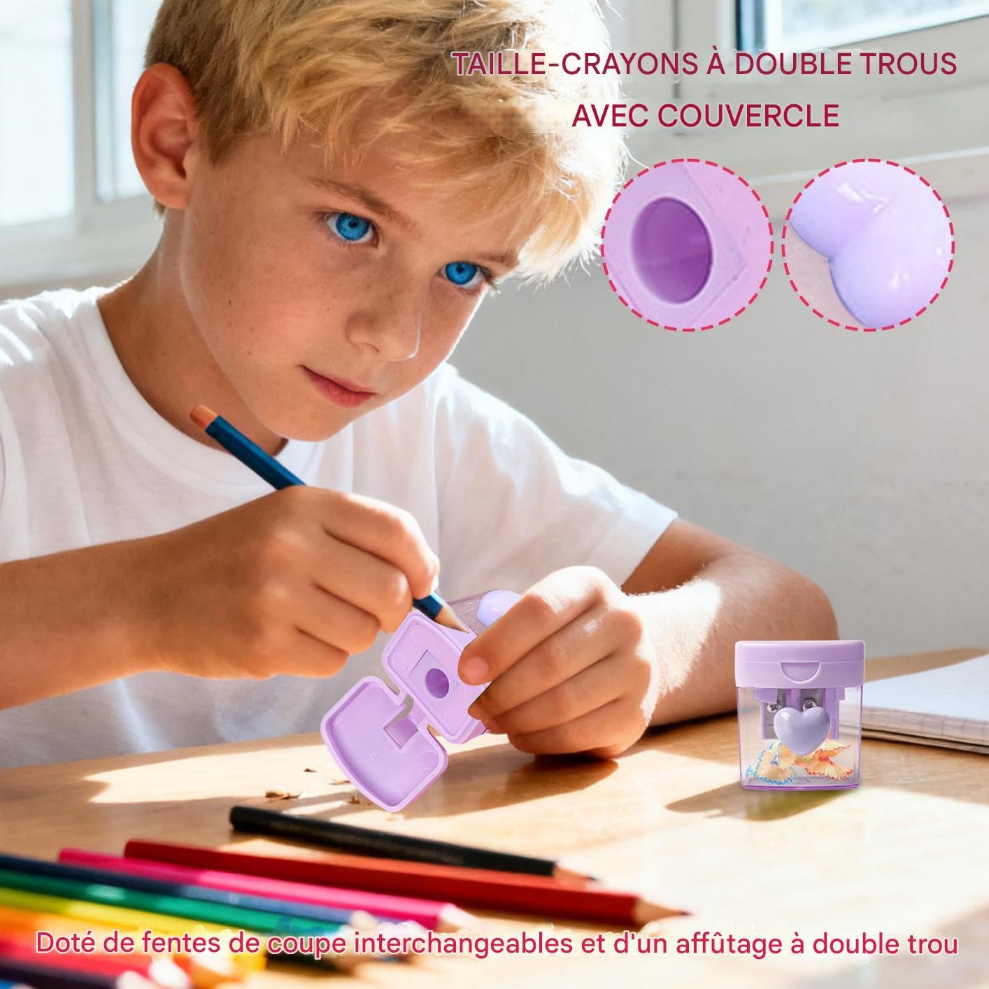 Temperamatite Manuale Doppio Foro Portatile con Coperchio Colorato | Temperamatite per matite colorate Per Scuola, Bambini, Classe, Artisti, Uffici, Casa, Disegno, Asilo, Trucco, Viaggio,