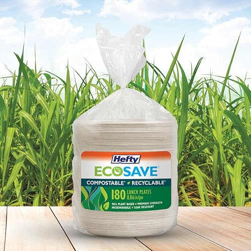 Hefty EcoSave - Platos de almuerzo compostables y reciclables de 8.86 pulgadas, 96% a base de plantas, aptos para microondas y resistentes al