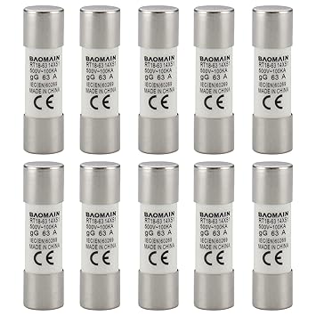 Baomain Fuse Link RT18-63 (RO16 RT14 RT19) 63A Cylindrical Ceramic Tube 14x51mm 500V 100KA CE listed Pack of 10