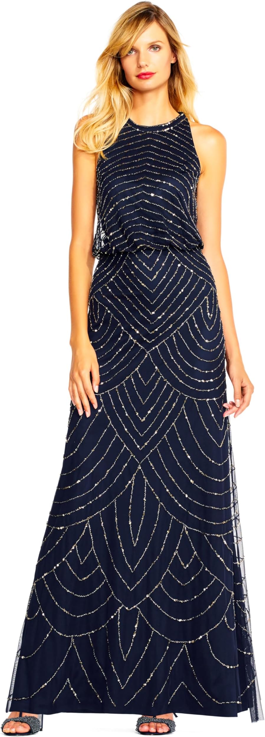 Womens Halter Blouson Beaded Gown