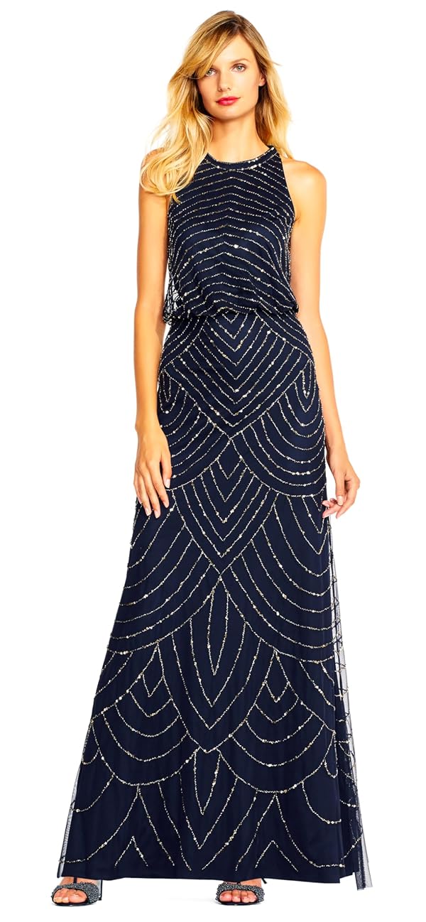 Adrianna Papell Womens Art Deco Beaded Blouson Dress with Halter Neckline, Navy, 2 by Adrianna Papell - Used condition - US$39.92