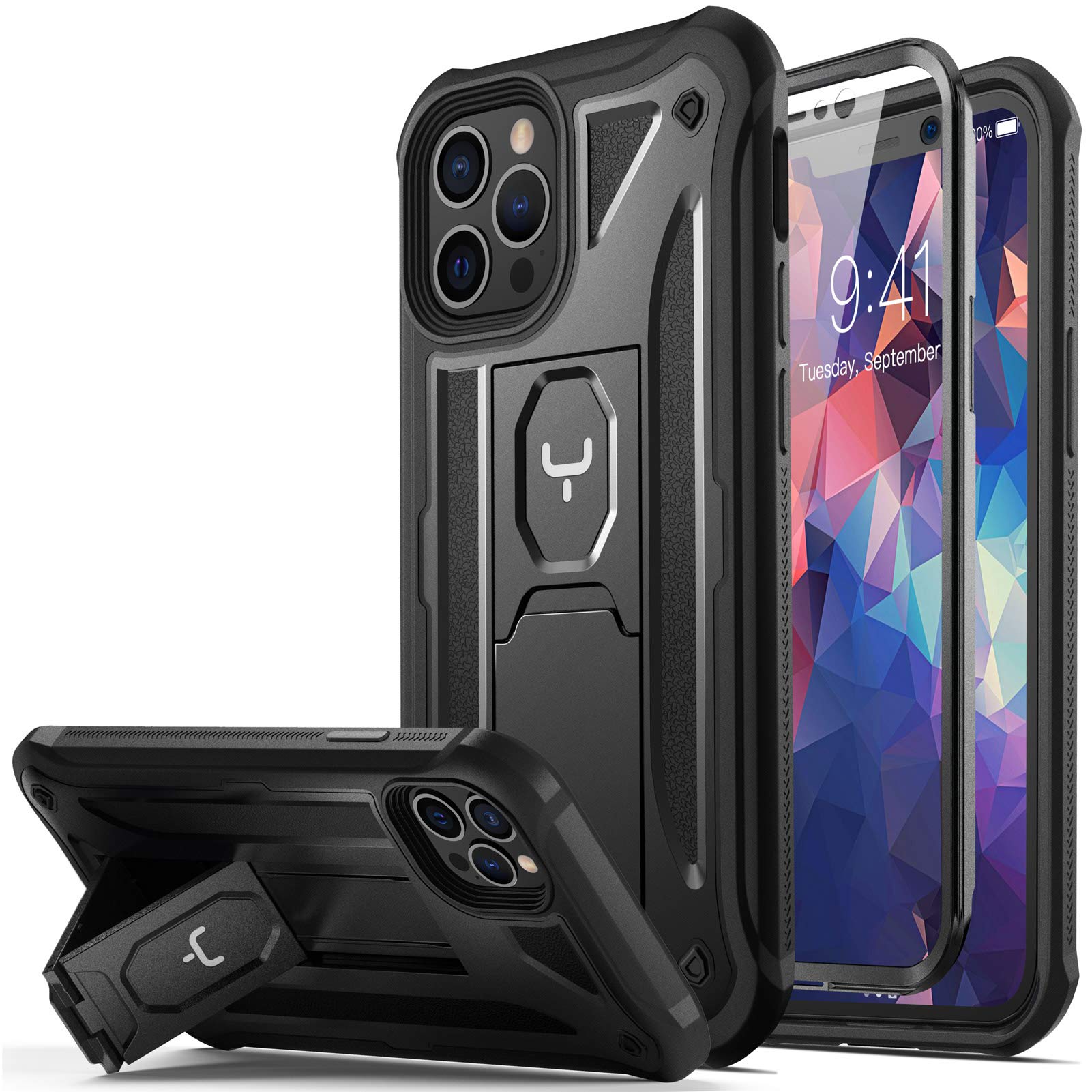 YOUMAKER iPhone 12 Case & iPhone 12 Pro Case with Screen Protector Protective Kickstand Heavy Duty Shockproof Cover for iPhone 12/12 Pro Case 6.1 inch - Black