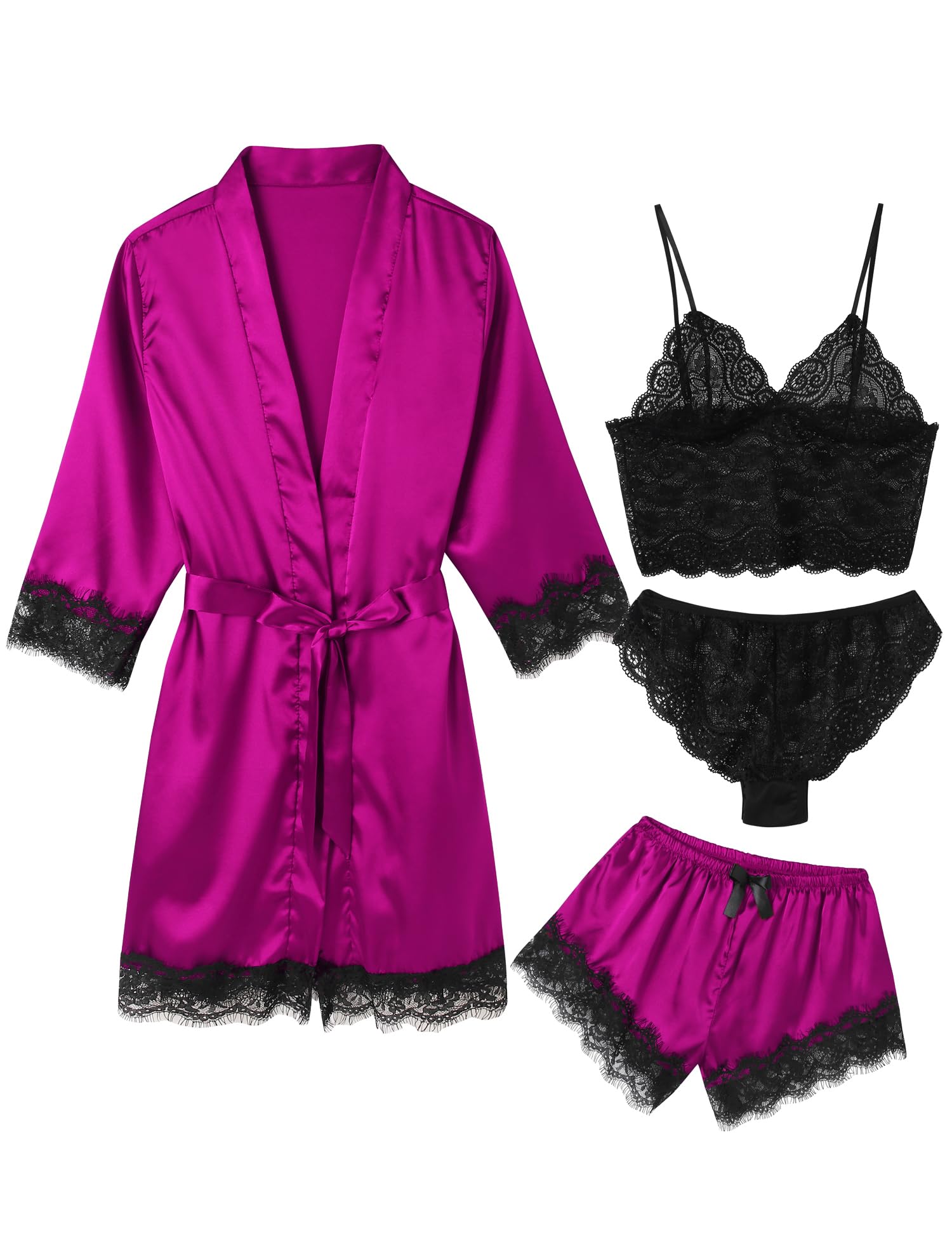 Women's Pajama Satin Sexy Lingerie Robe Set 4 Piece Silk Lace Pjs