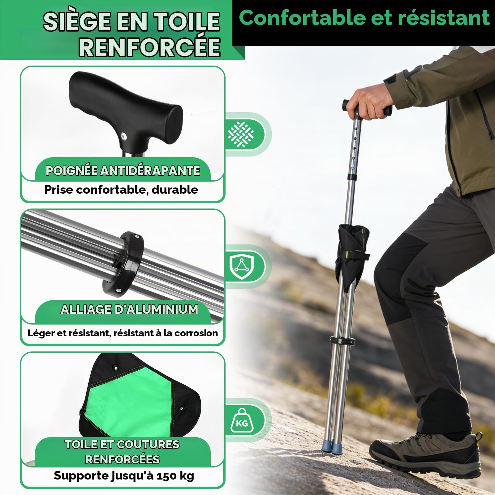 Canne de Marche avec Siège Pliable, Canne Siège Pliante, Hauteur Réglable | Bâton de Marche 2 en 1 avec Siège Pliable, Charge 150kg, Légère et Réglable, Idéale Randonnée, Camping, Voyage, Extérieures