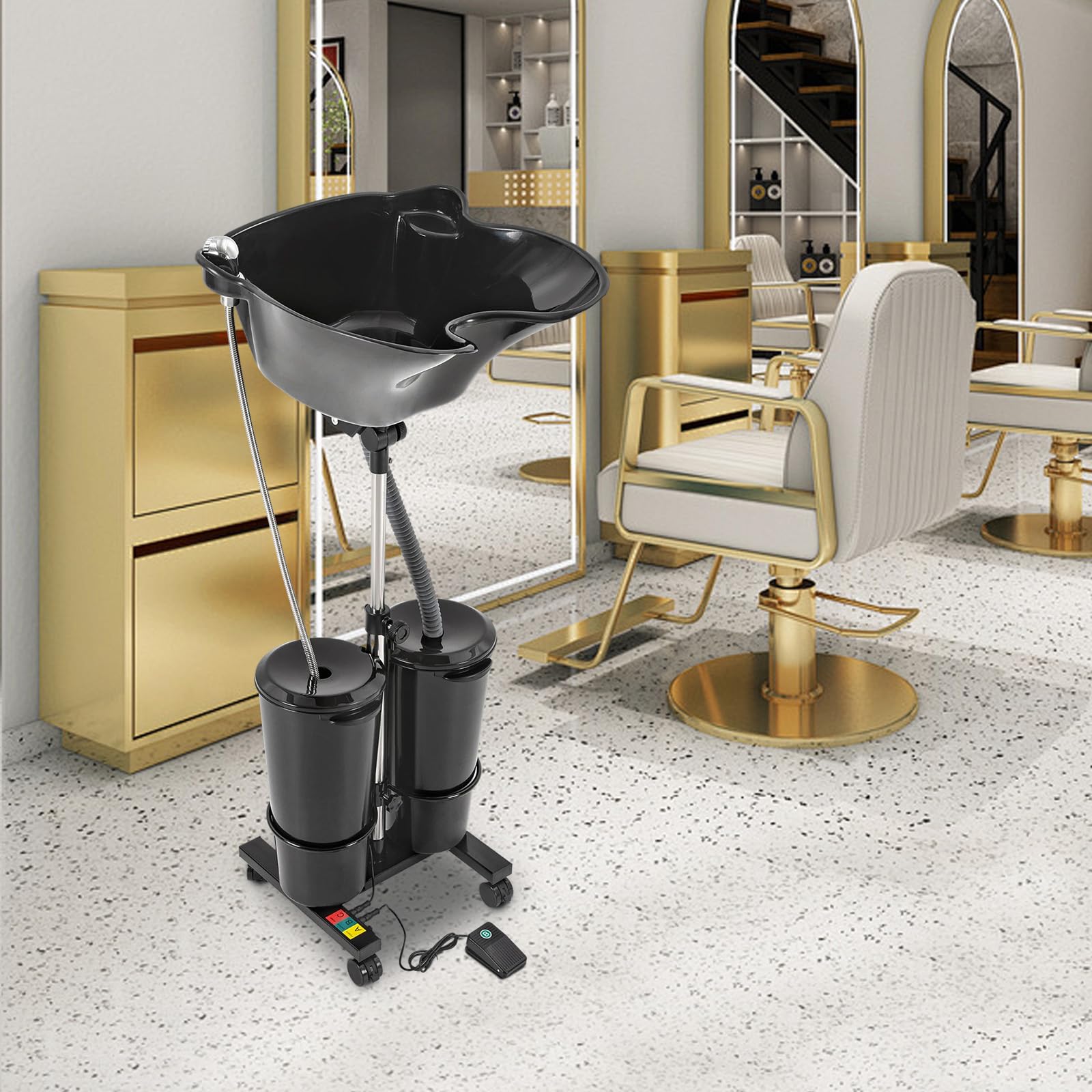 Lavabo de champú portátil, lavabo de altura ajustable, estación de lavado de pelo móvil, cubo doble de 10 l, bomba eléctrica, lavabo de 48 cm, para peluquería, cama de enfermería, embarazada, color