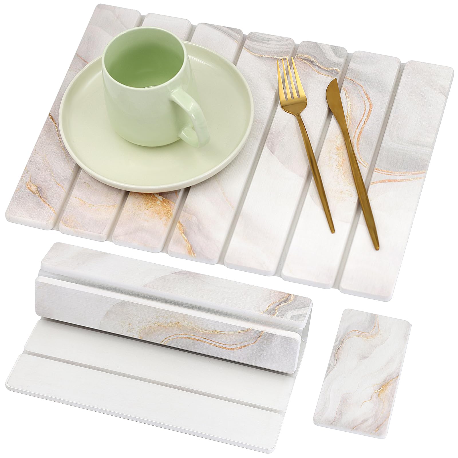 40 x 30 cm Stone Drying Mat Kitchen - Diatomaceous Dish Drying Mat Drying Mat for Kitchen Counter Highly Absorbent Quick-Drying (White & Gold, with Soap Mat)