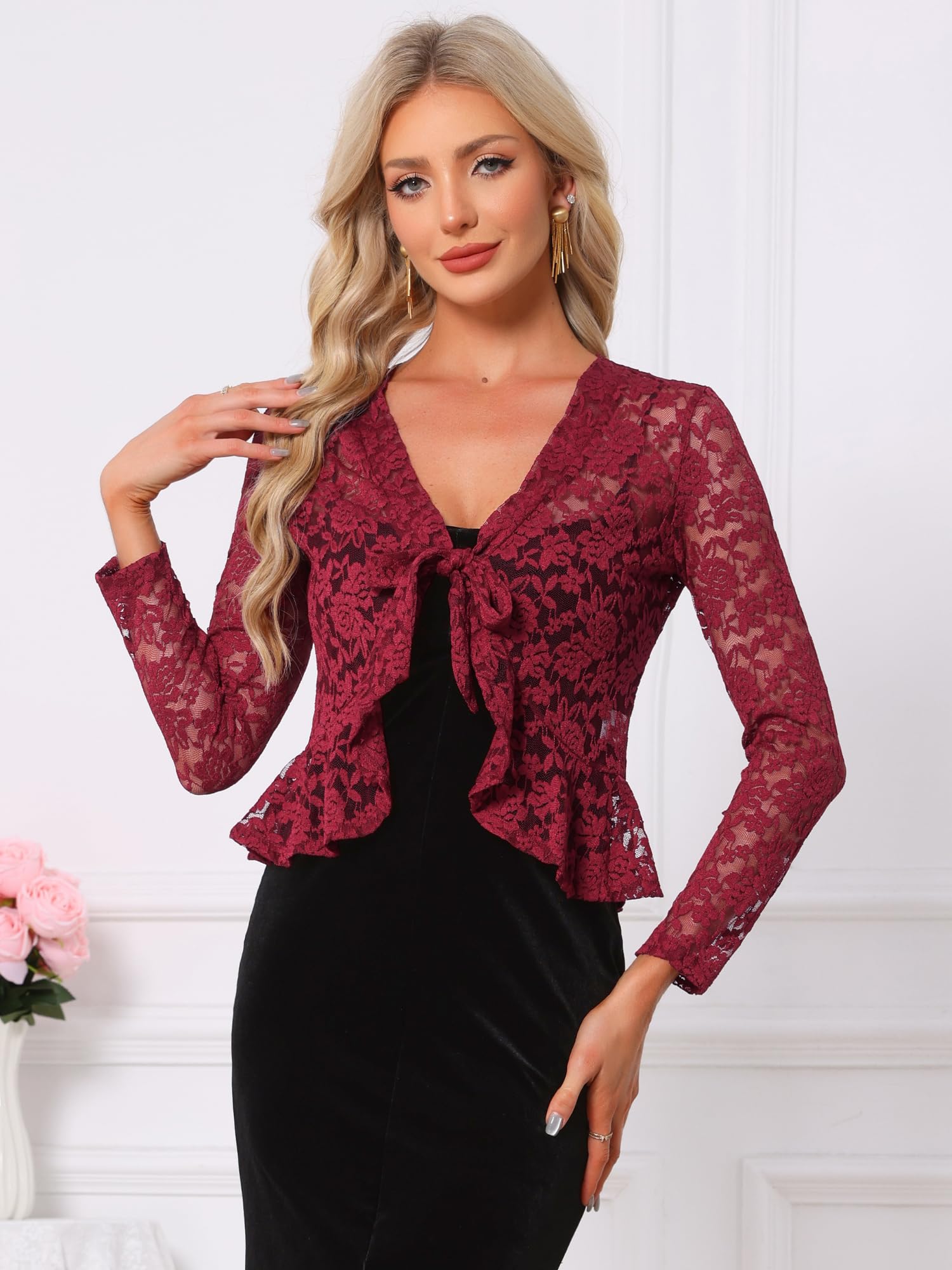 Allegra K Cardigan à Nouer sur Le Devant pour Femmes avec Ourlet à Volants en Dentelle Florale