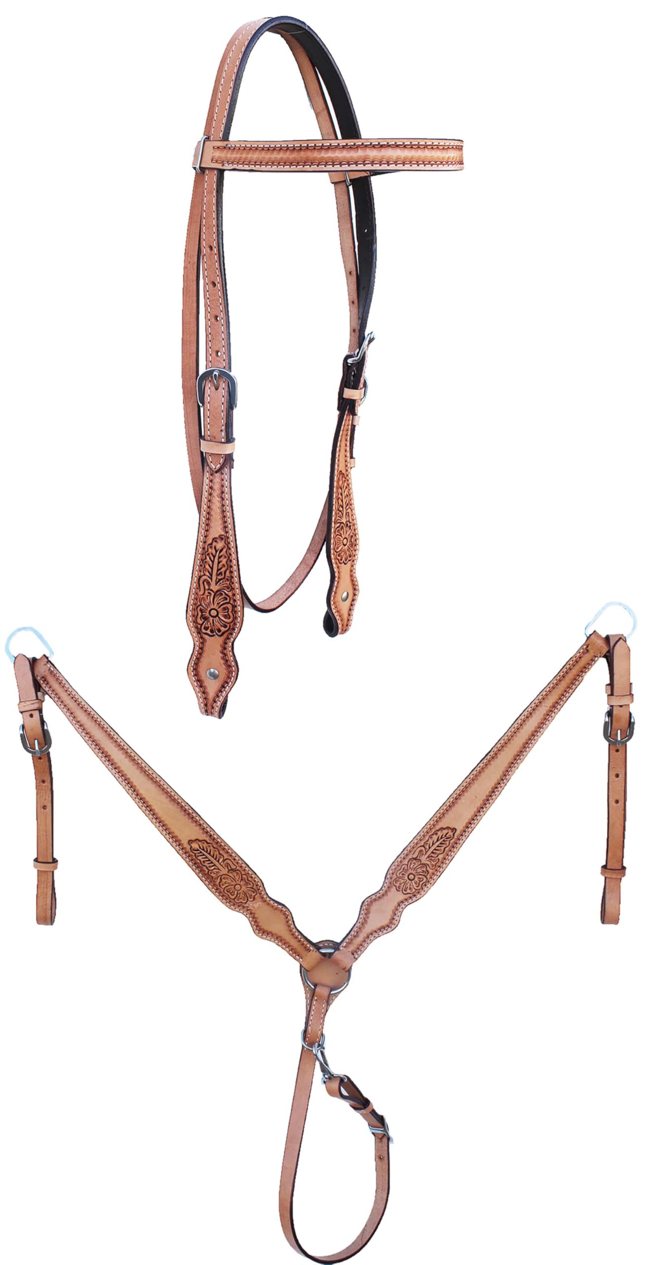 CHALLENGER Horse Floral Tooled Leather Headstall Bridle & Breast Collar Tack Set 78AD05B