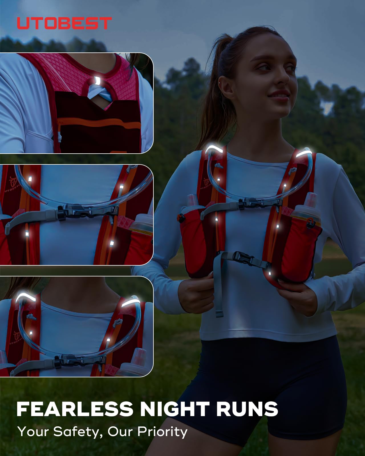 UTOBEST Gilet Course, Sac hydratation Leger avec 2*350ml flasque,Rouge | 7 poches, grand support telephone, ajustement confortable, sans rebond, OSFM, mixte, trail, park run, marathon