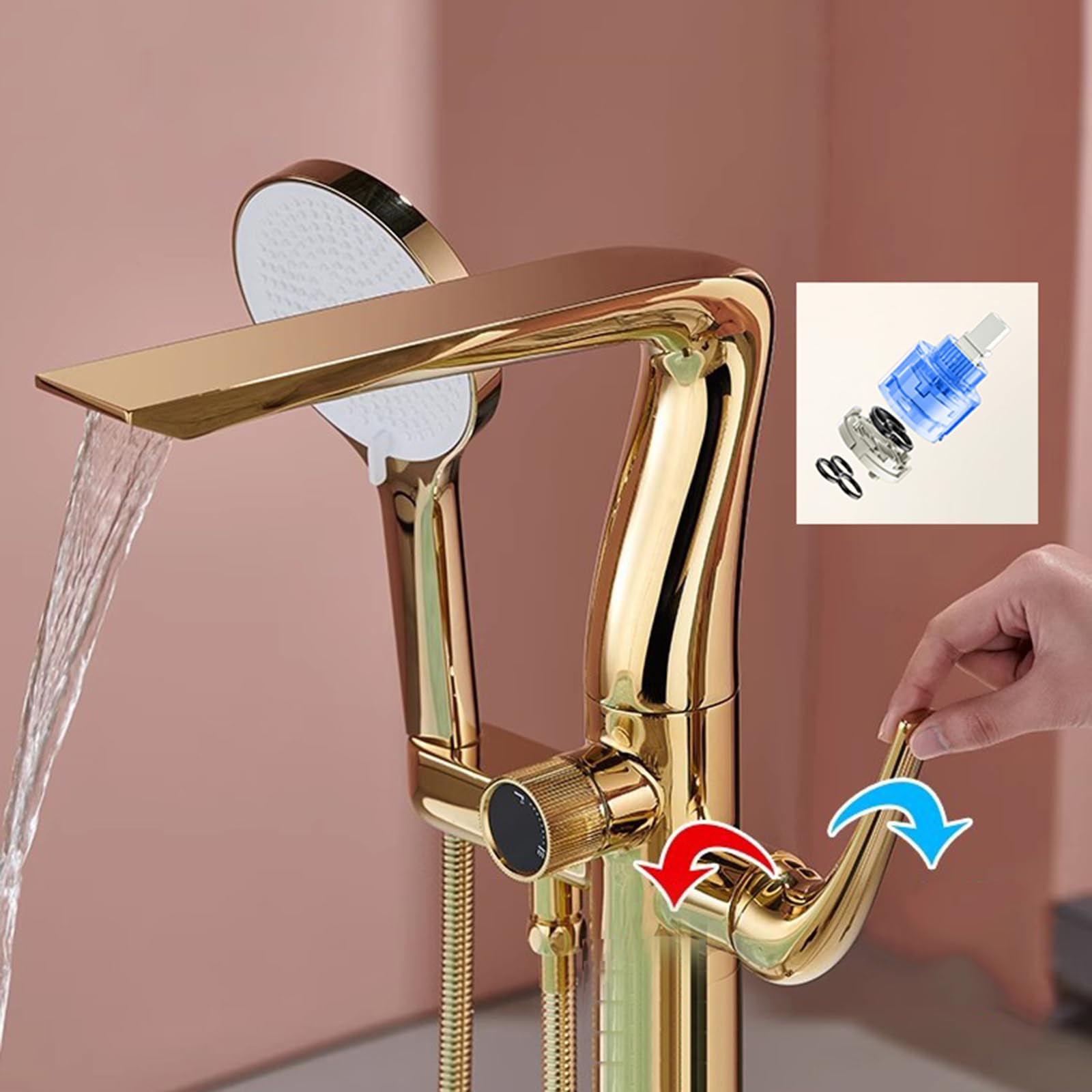 BiaoTeng Grifo Bañera Independiente con Cascada 3 Modos Oro Rosa Laton