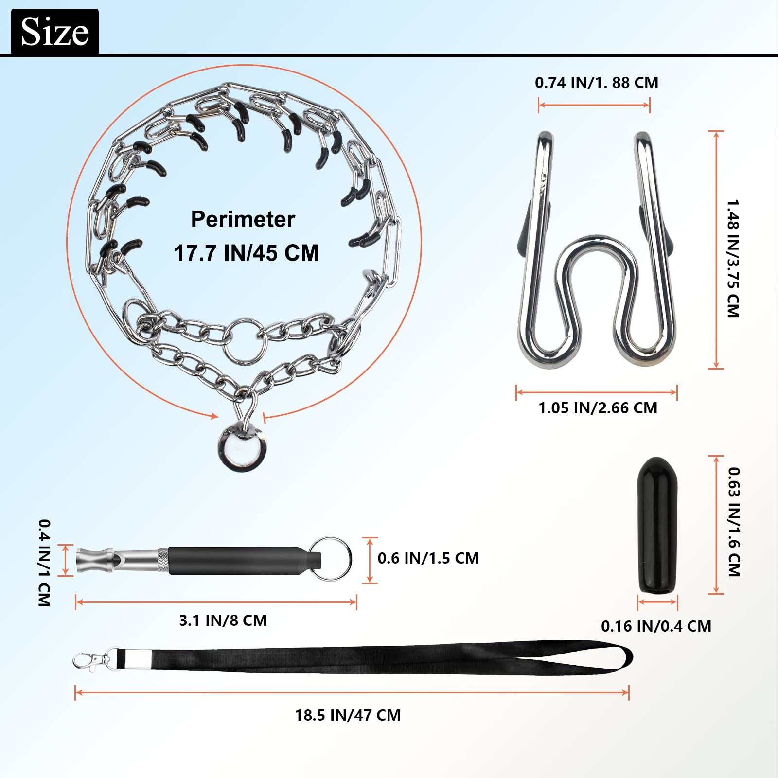 Kletloop Dog Prong Traing Collar, Choke Pinch Collar [2 Extra Links][Dog Whistle][Quick Release] with Martingale Chain and Rubber Caps, for Medium Large Breed-M