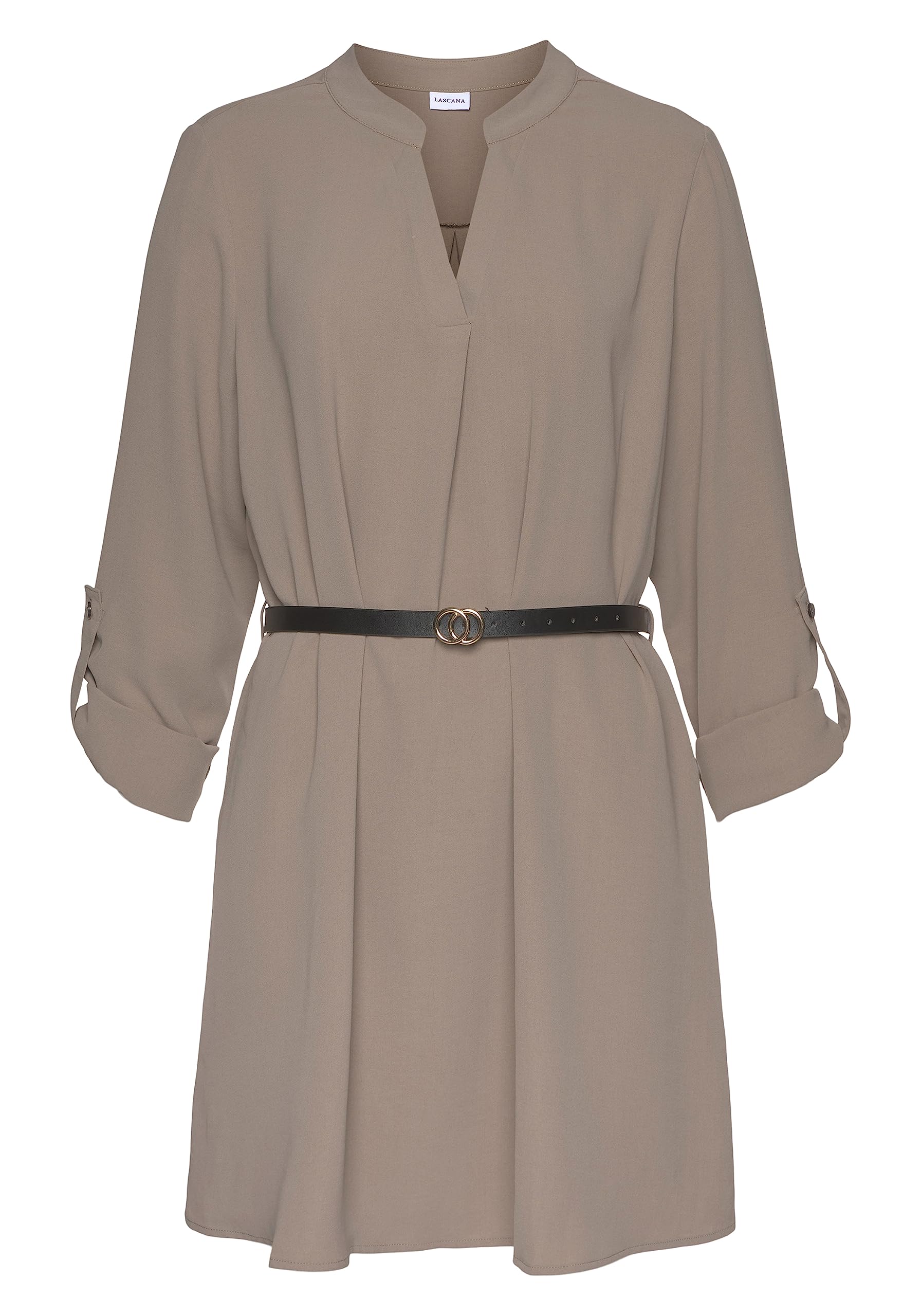 LASCANA Longbluse | Crêpe, taupe, kniefrei, mit Gürtel