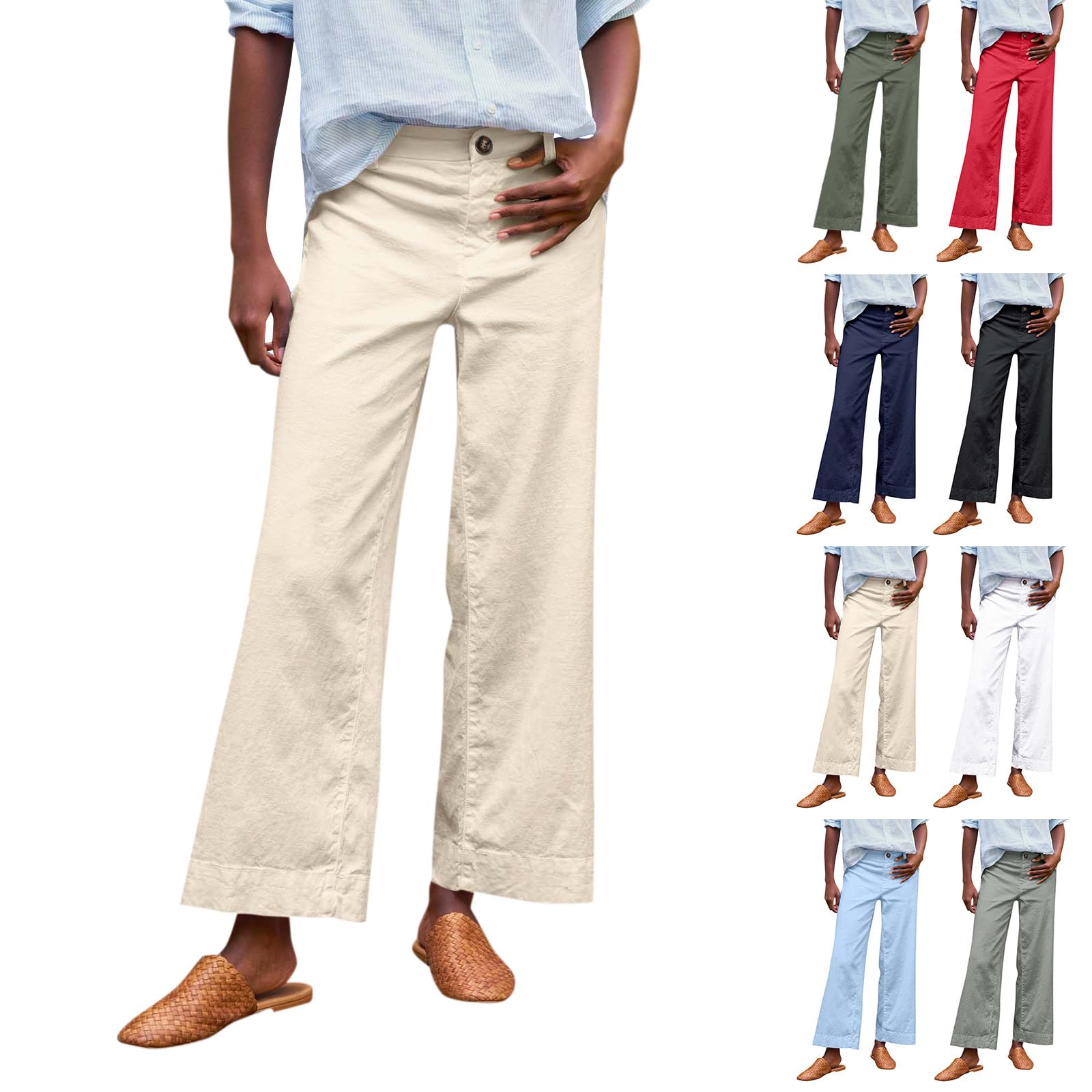Cropped Wide Leg Pants for Women Lightweight Summer Crop Linen Pants Button Down Elastic Waist Capris with Pockets