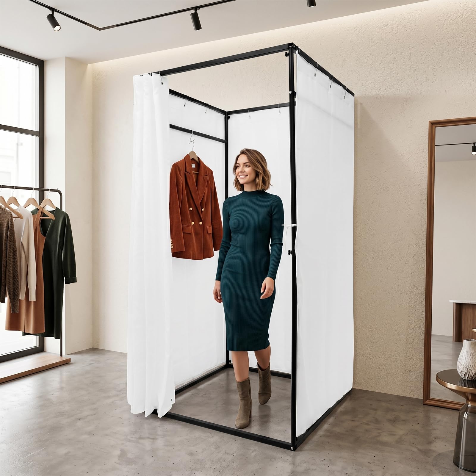 Cabine de vestiaire autonome portable avec cadre solide et crochet de suspension pour 3 à 4 personnes, brise-vue moderne pour magasin de vêtements, bureau, vestiaire temporaire, événement extérieur