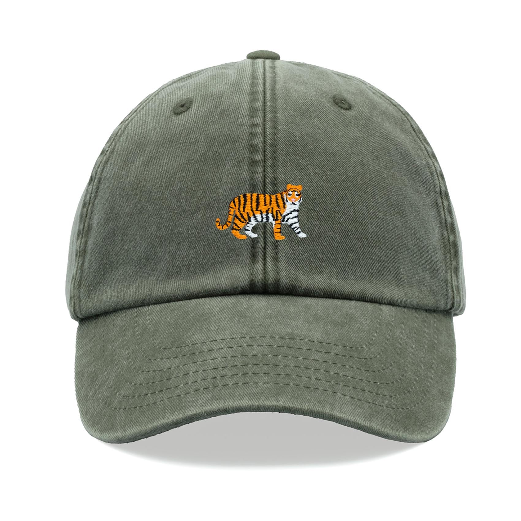 Tiger Baseball Cap Vintage Washed Unisex Dad Hat Adjustable Olive