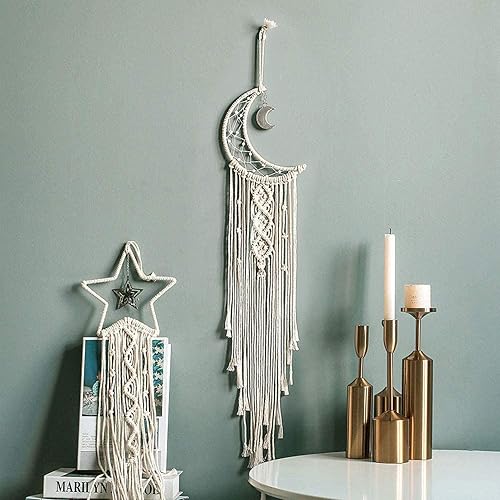 Miniatura 5 de Decoración de atrapasueños de luna y estrella, 2 piezas boho para el hogar, luna y estrella, macramé para colgar en la pared, decoración bohemia