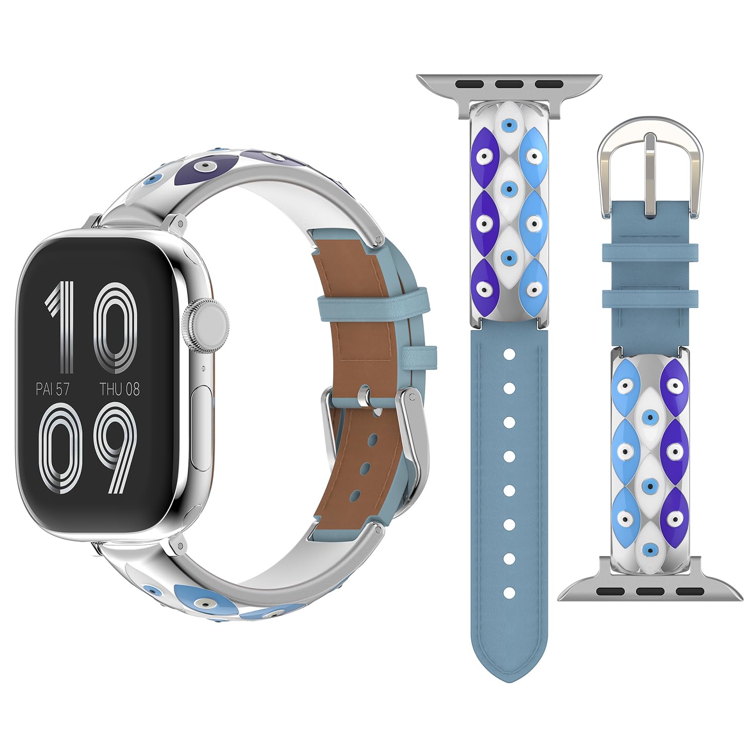 Metal Leather Spliced Band - Adjustable Tang Buckle Evil Eye Band Compatible with Apple Watch Series 42mm(Series 3) 44mm 45mm 46mm 49mm iWatch Wrist