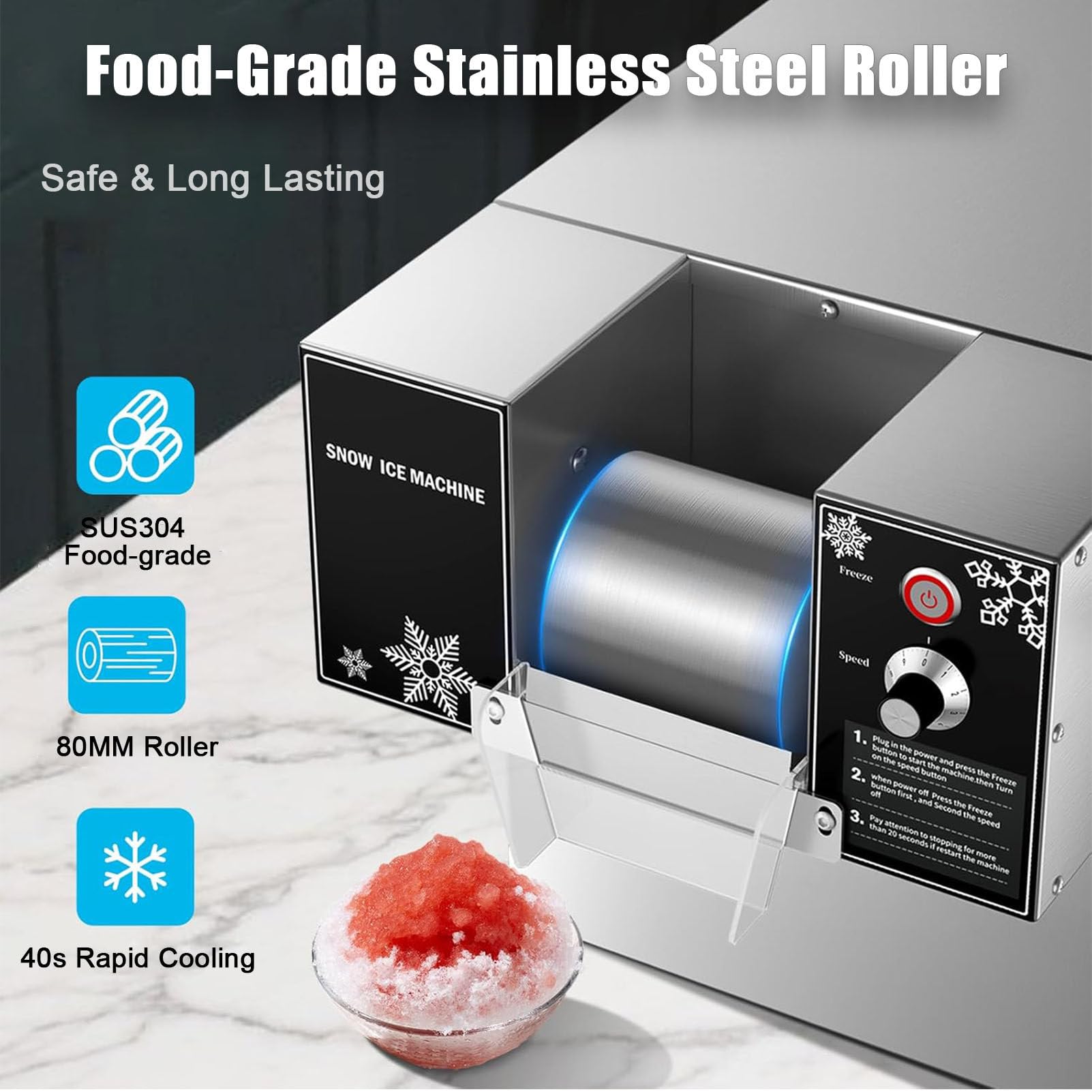 Genérico Máquina Comercial para Hielo raspado, enfriamiento rápido, 9 velocidades Ajustables, máquina de Hielo de Acero Inoxidable para granizados, 1200 W (1200 W)