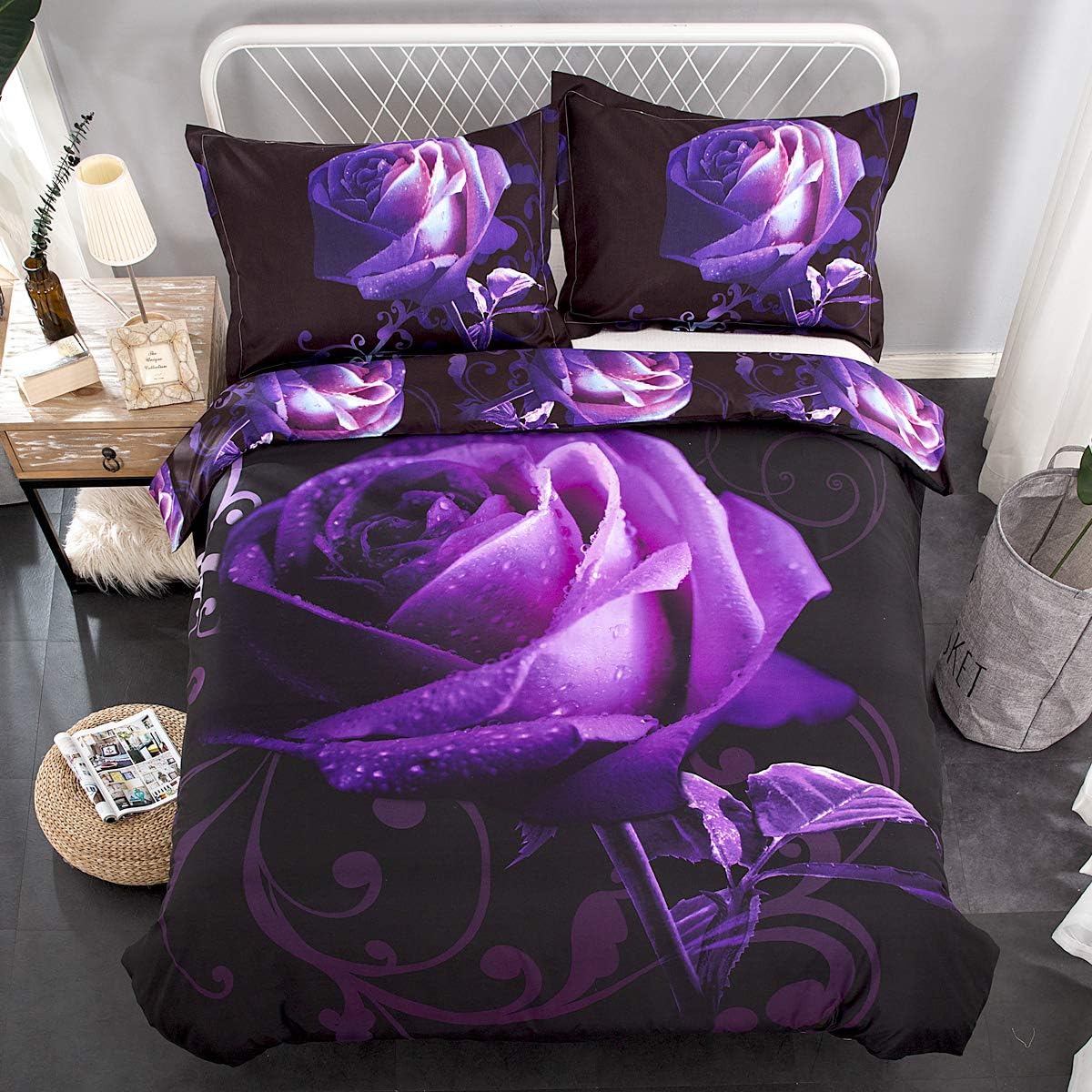 Purple Duvet Cover Set King Reversible Purple Rose Printed Bedding