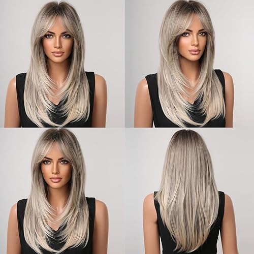 Miniatura 5 de Peluca negra con flequillo, pelucas rectas de longitud media natural para mujer, pelucas sintéticas de fibra resistente al calor para uso diario