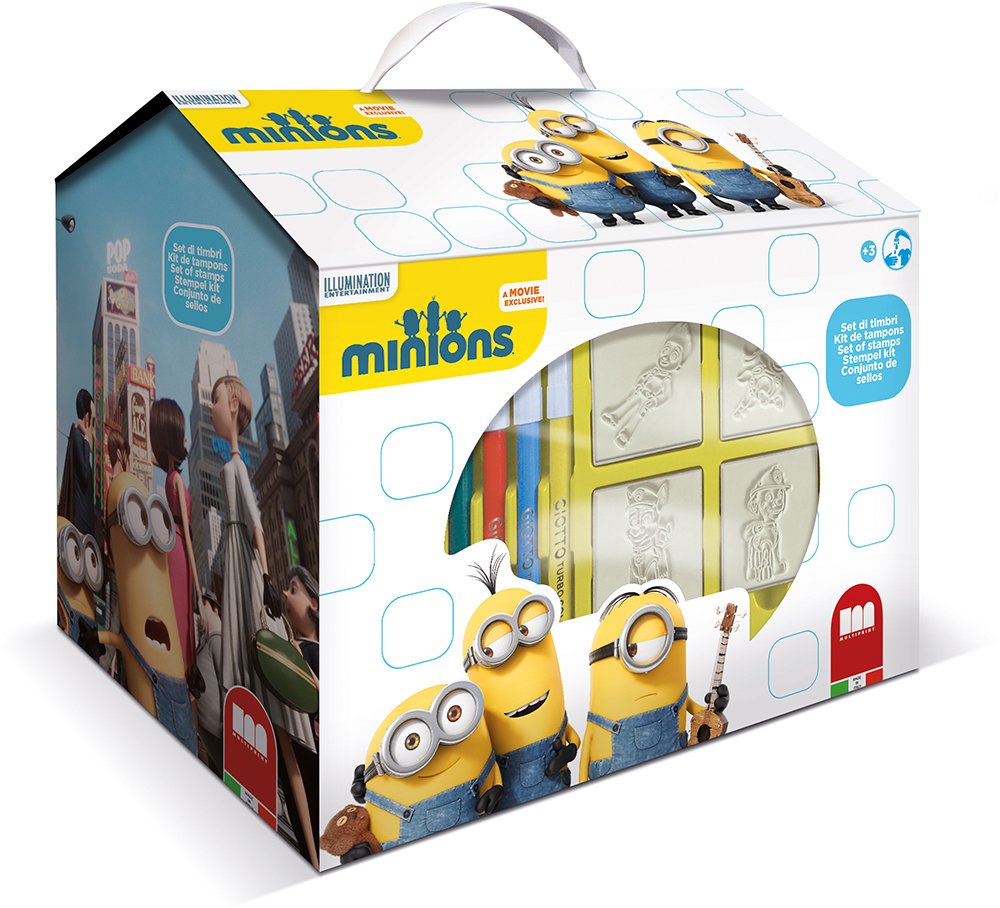 Multiprint Casetta 7 Timbri Per Bambini Minions - Made In Italy, Legno E Gomma Naturale, Inchiostro Lavabile, Con Pennarelli Giotto
