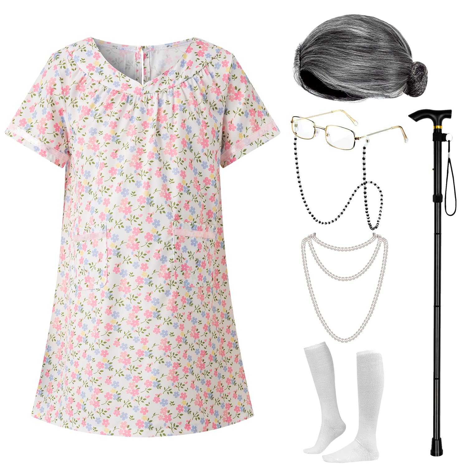 Okbebe 7 Pcs 100 Days of School Girl Old Lady for Kids Granny Cosplay Accessories Set