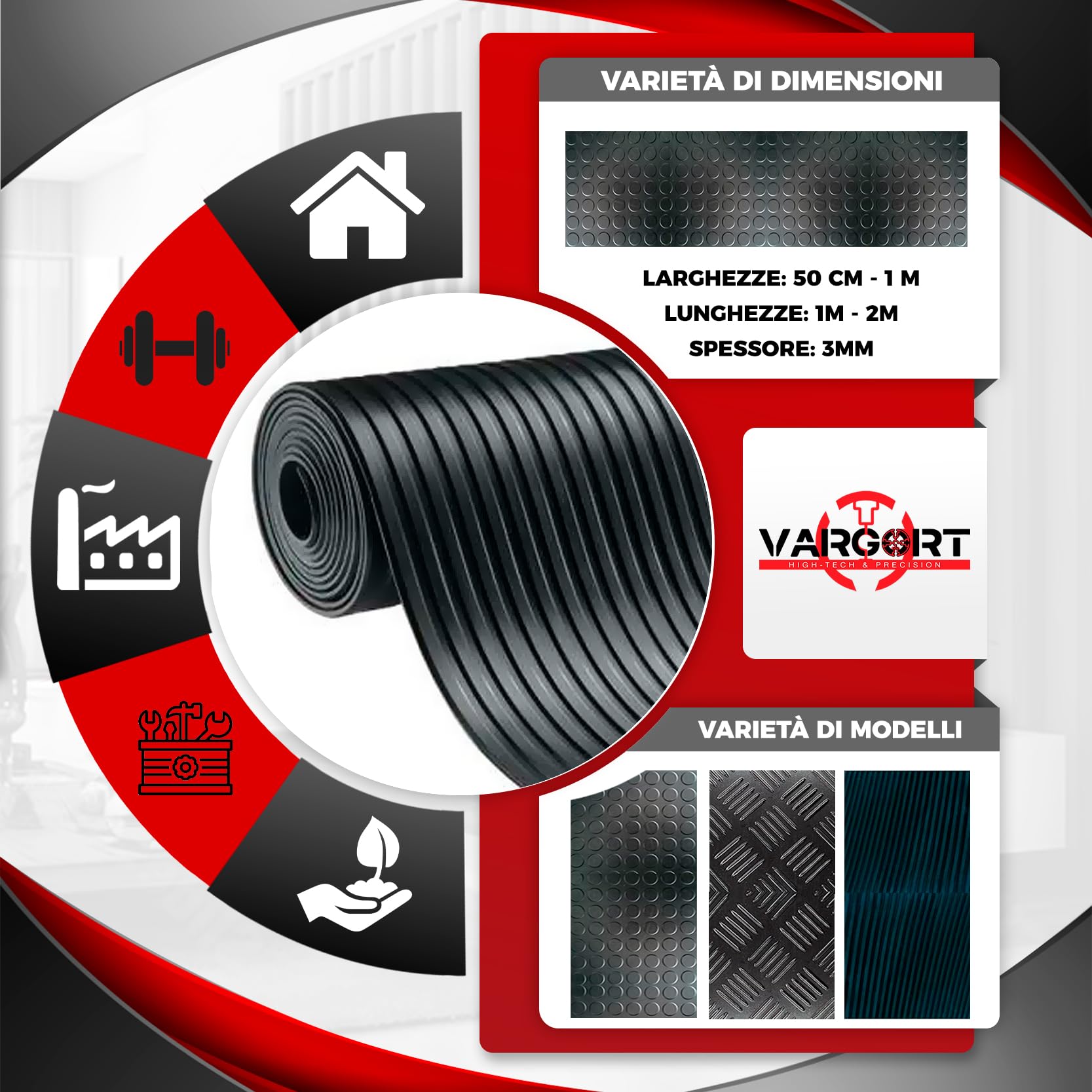 Gomma Antiscivolo | Tappeto Gomma 1m Larghezza x 2m Lunghezza | Pavimento Garage | Tappeto in Gomma | Tappeto Gommato | Rotolo Gomma | Pavimento Palestra | Tappeti | Tappetini in Gomma per Auto | Nero