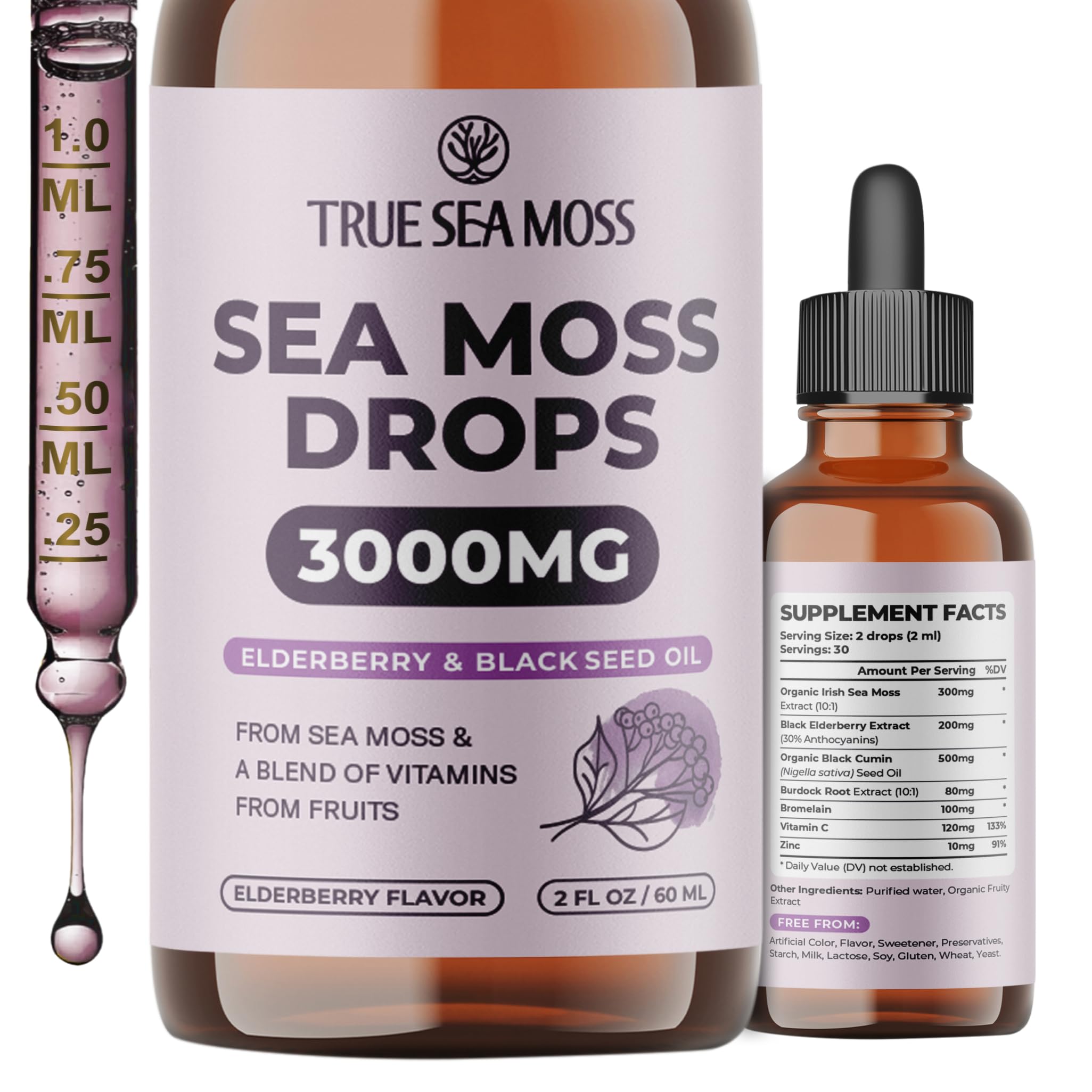 TrueSeaMoss Sea Moss Liquid Drops – Elderberry, 30 Servings