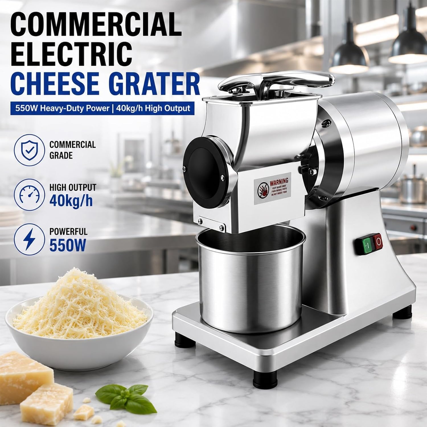 Grattugia elettrica per parmigiano da 550 W, tritatutto per alimenti ad alta resistenza con bocchetta anti-intasamento e contenitore in acciaio inox, ideale per uso professionale in ristoranti.