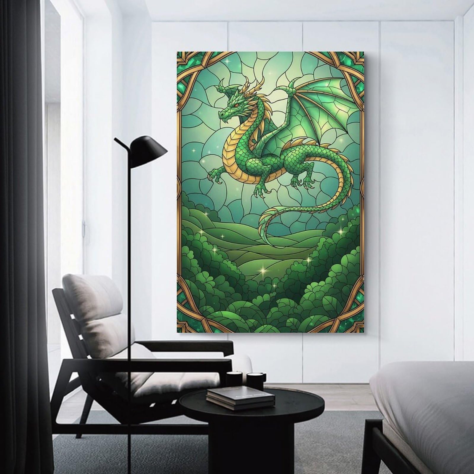 Junmoney Unframe-Style-16-2 Green Dragon Stained Glass Illustration Hanging Wall Art 20X30inch(50X75cm), For Restful Interiors, Bedrooms Or Small Rooms, Home Artwork With A Soft Interior Feel
