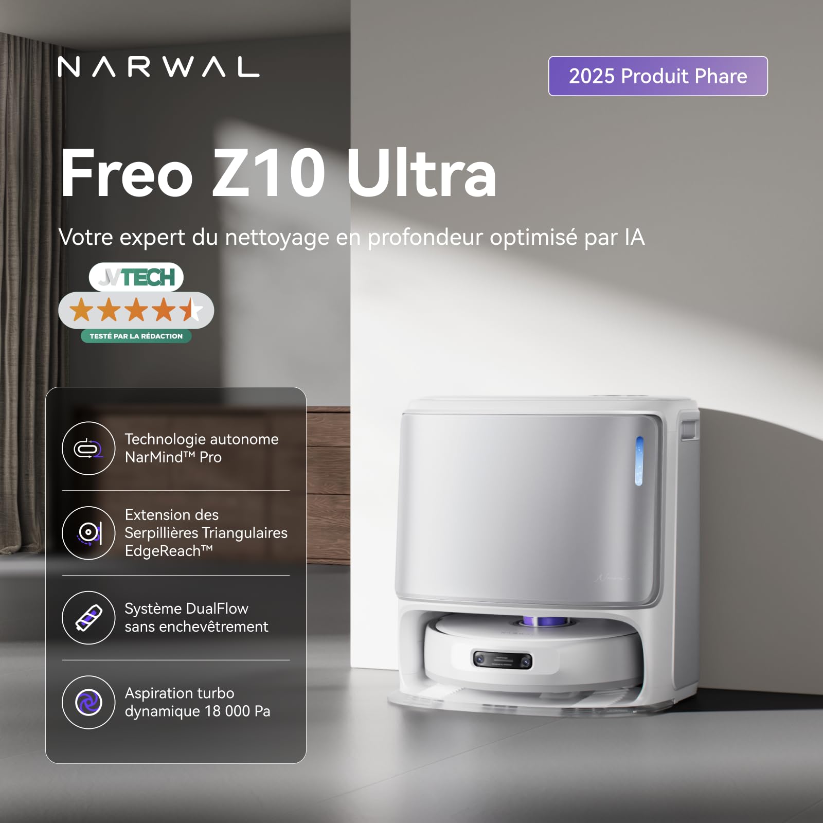 NARWAL Freo Z10 Ultra Robot Aspirateur Laveur, Balai Intelligent 18000Pa - Extension Serpillère Dynamique, Système Anti-Enchevêtrement, Nettoyage Humide/Sèche, Station Tout-en-Un
